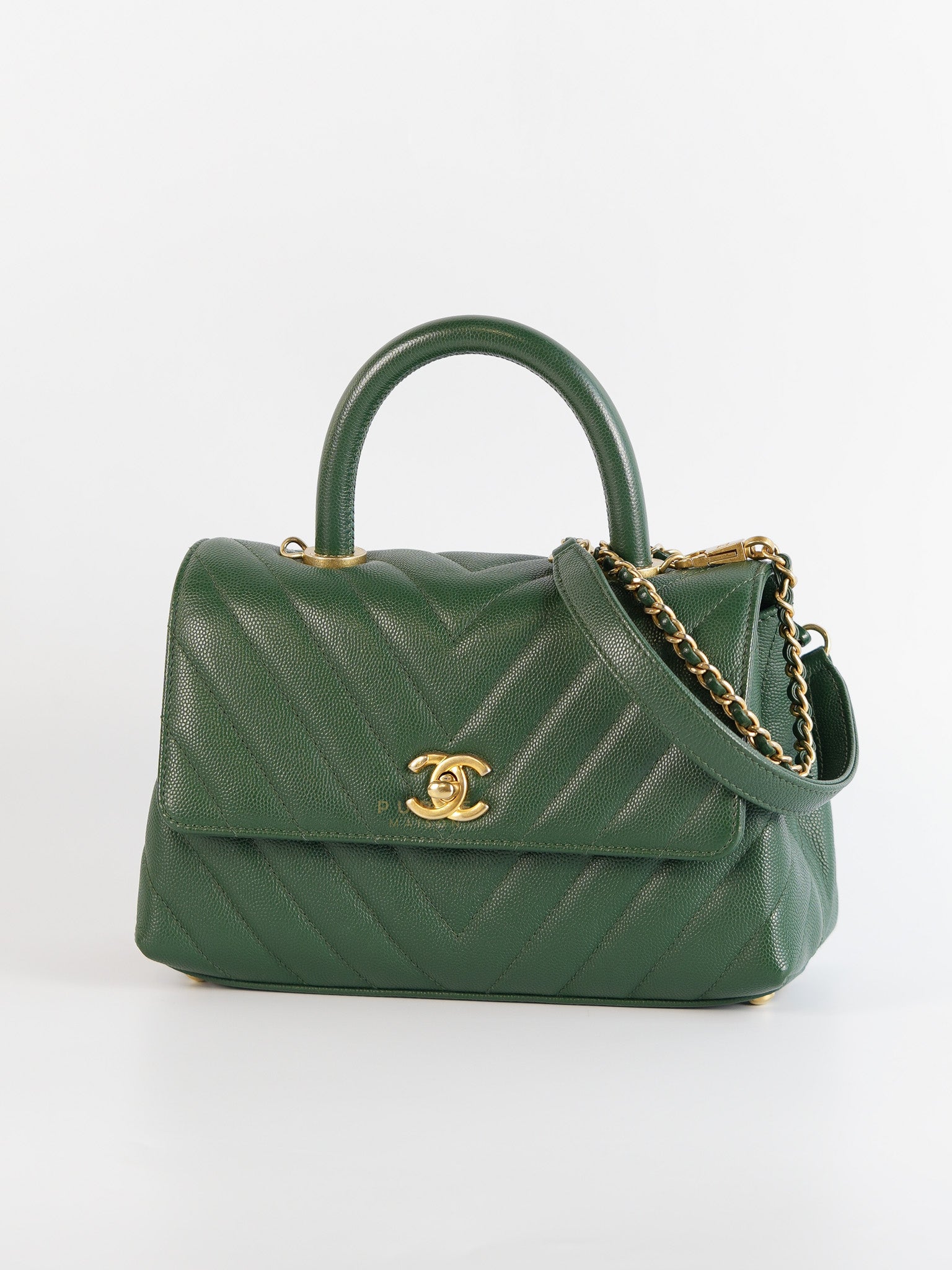 Coco Handle Small in Green Chevron and Aged Gold Hardware Series 26 | Purse Maison Luxury Bags Shop