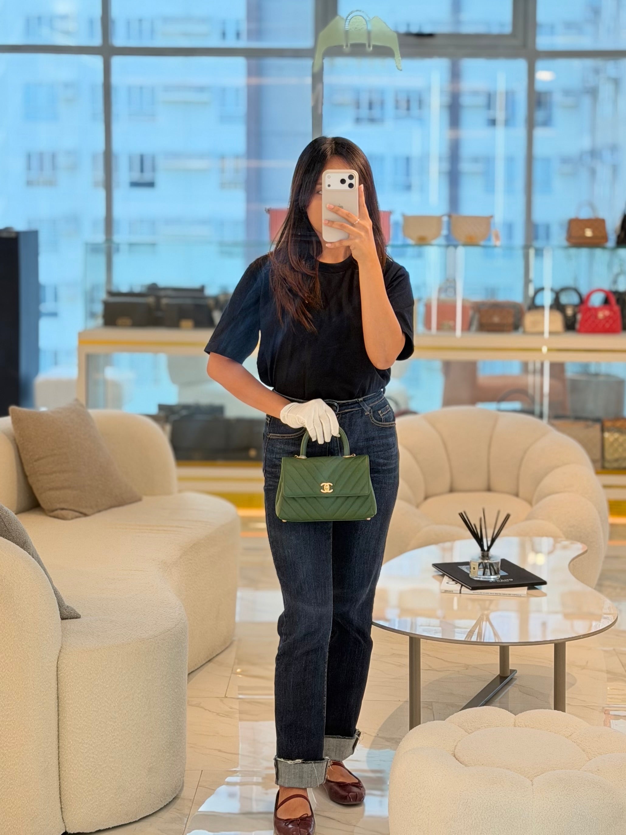 Coco Handle Small in Green Chevron and Aged Gold Hardware Series 26 | Purse Maison Luxury Bags Shop