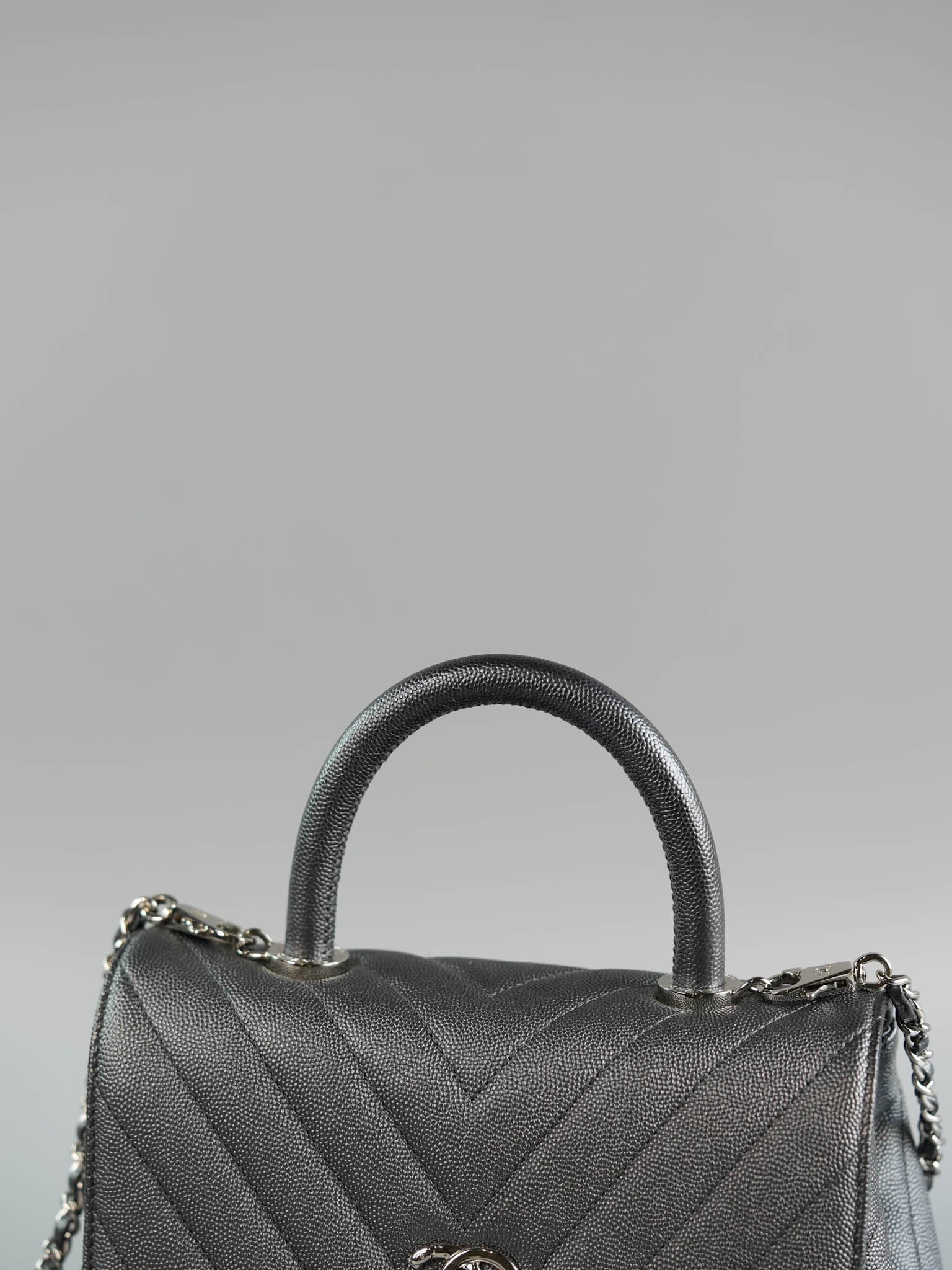 Coco Handle Small in Metallic Gray Chevron Caviar Leather and Silver Hardware Series 28 | Purse Maison Luxury Bags Shop