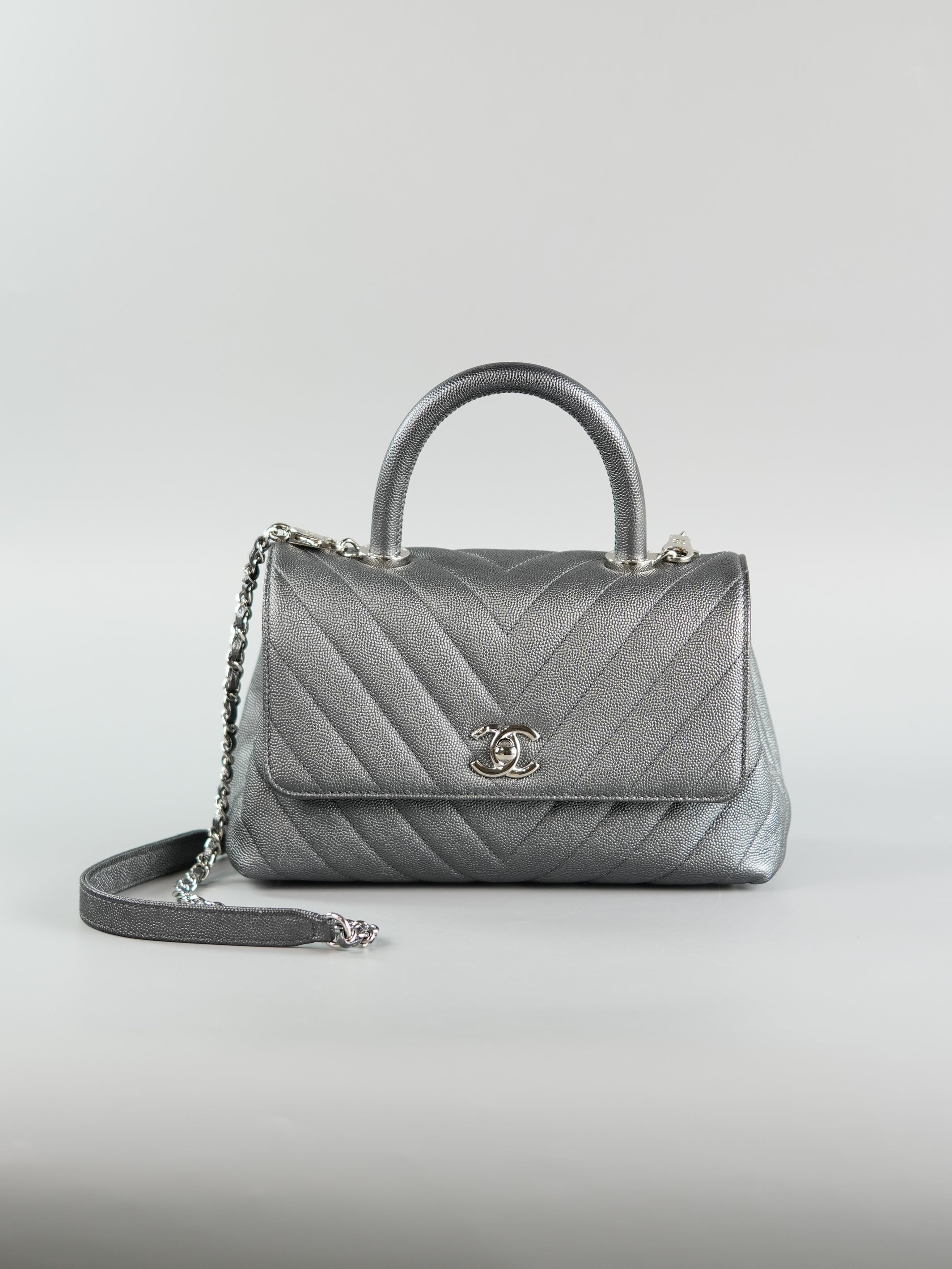 Coco Handle Small in Metallic Gray Chevron Caviar Leather and Silver Hardware Series 28 | Purse Maison Luxury Bags Shop