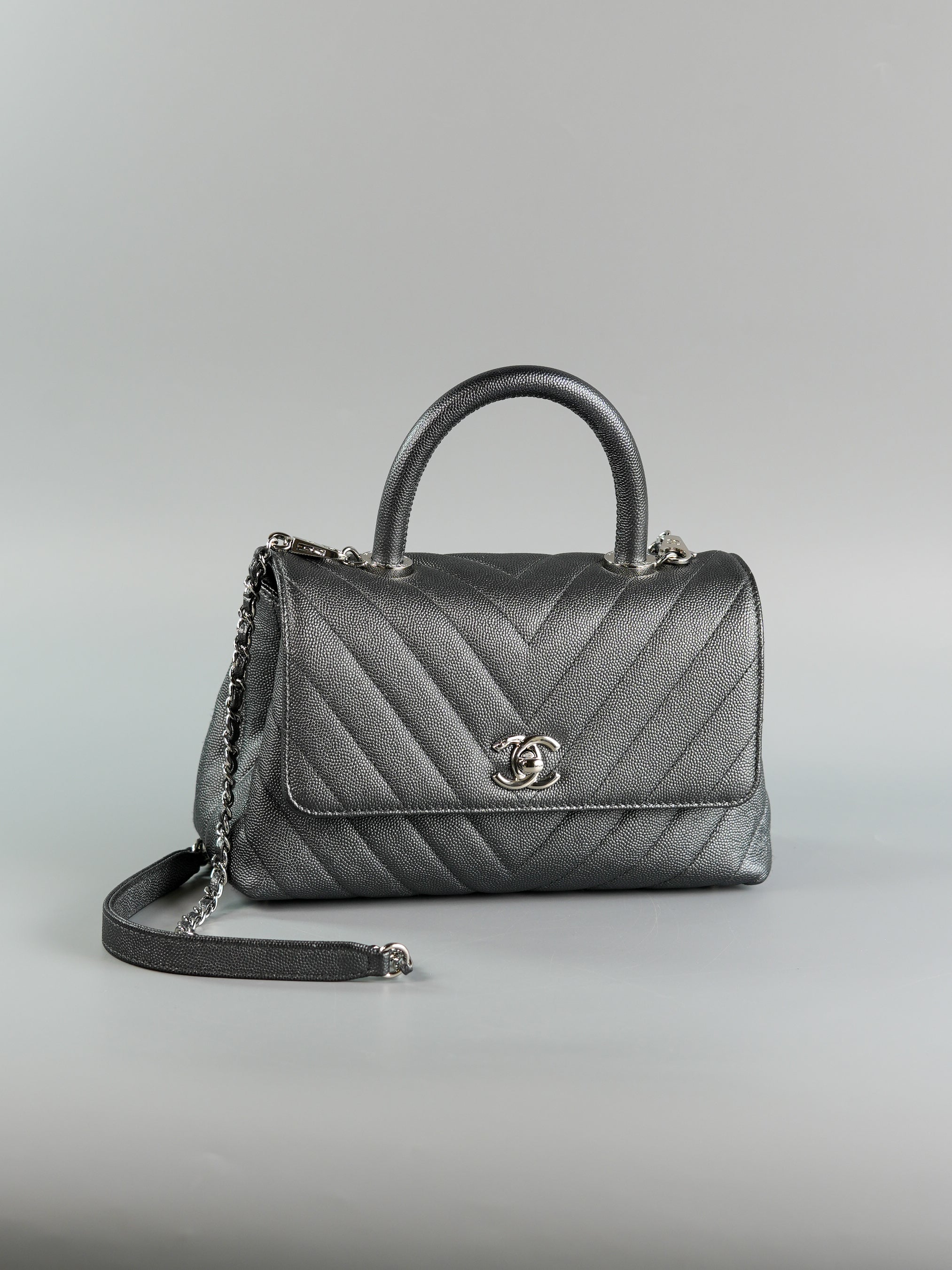 Coco Handle Small in Metallic Gray Chevron Caviar Leather and Silver Hardware Series 28 | Purse Maison Luxury Bags Shop