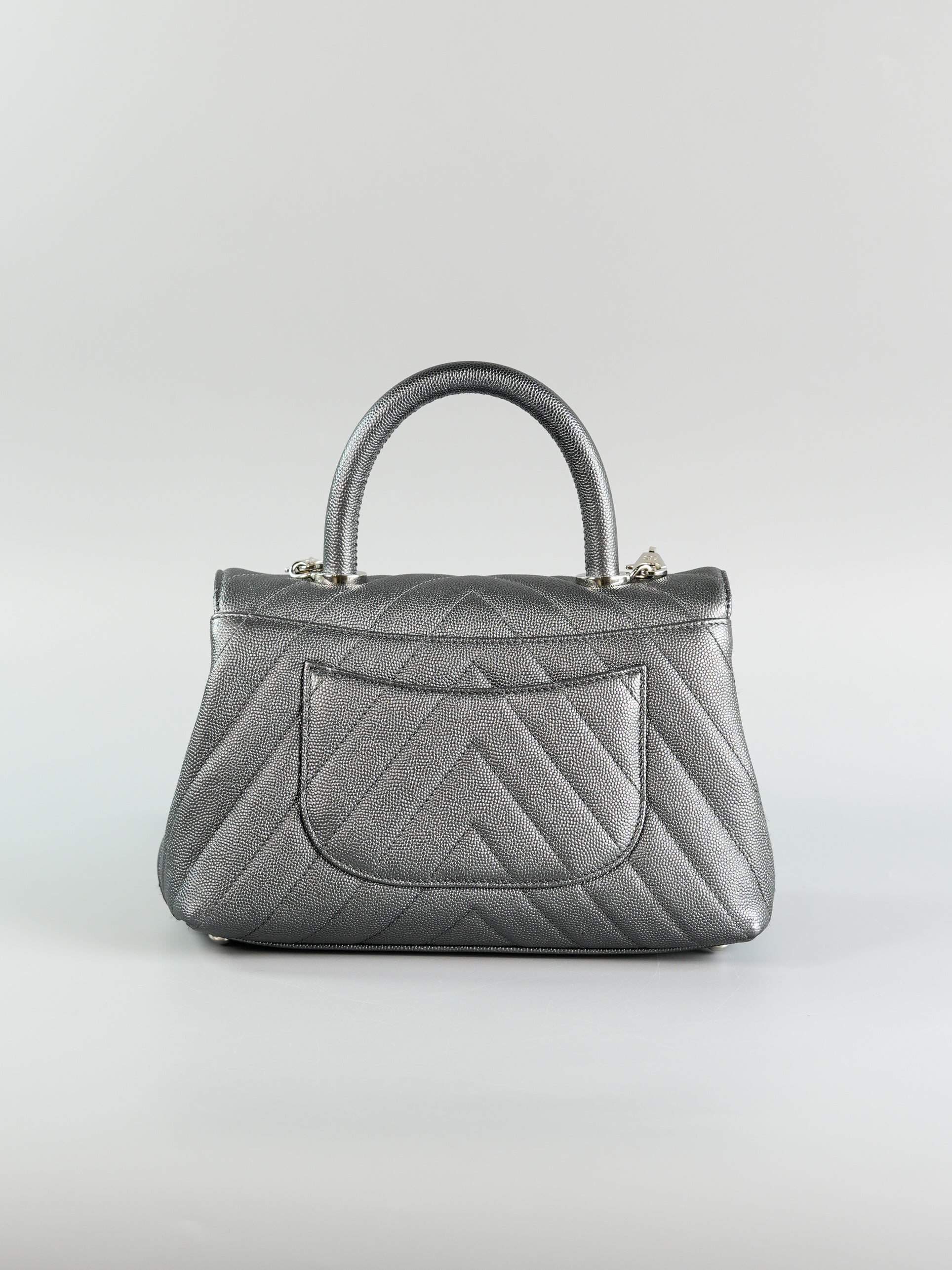 Coco Handle Small in Metallic Gray Chevron Caviar Leather and Silver Hardware Series 28 | Purse Maison Luxury Bags Shop