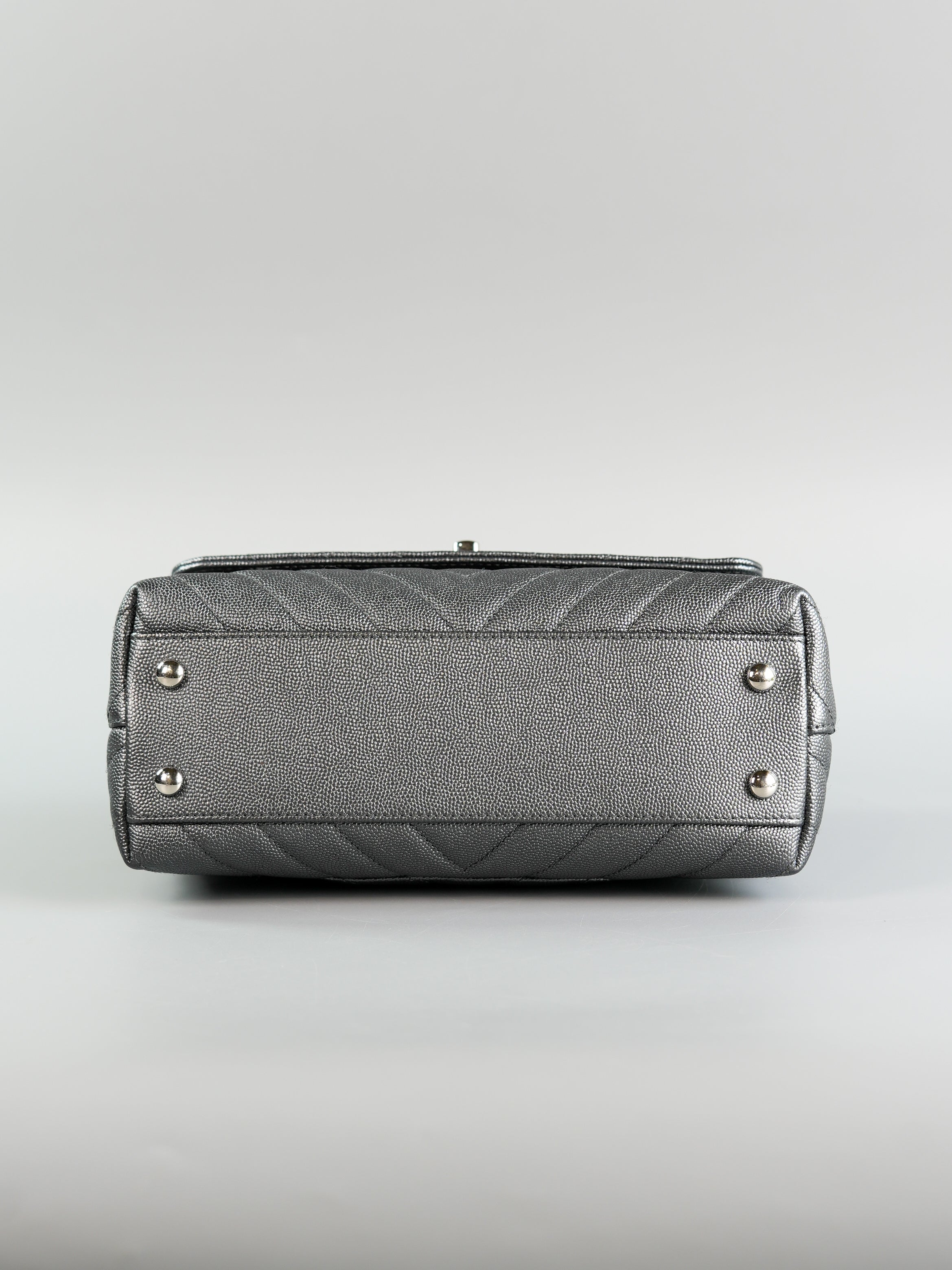 Coco Handle Small in Metallic Gray Chevron Caviar Leather and Silver Hardware Series 28 | Purse Maison Luxury Bags Shop