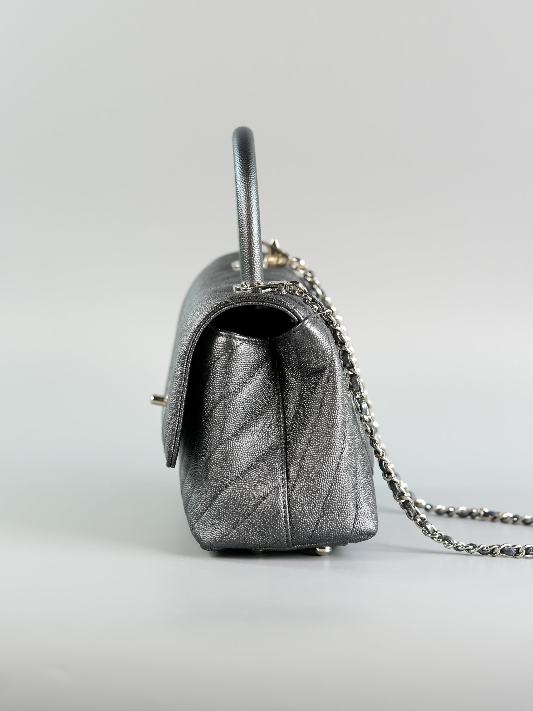 Coco Handle Small in Metallic Gray Chevron Caviar Leather and Silver Hardware Series 28 | Purse Maison Luxury Bags Shop