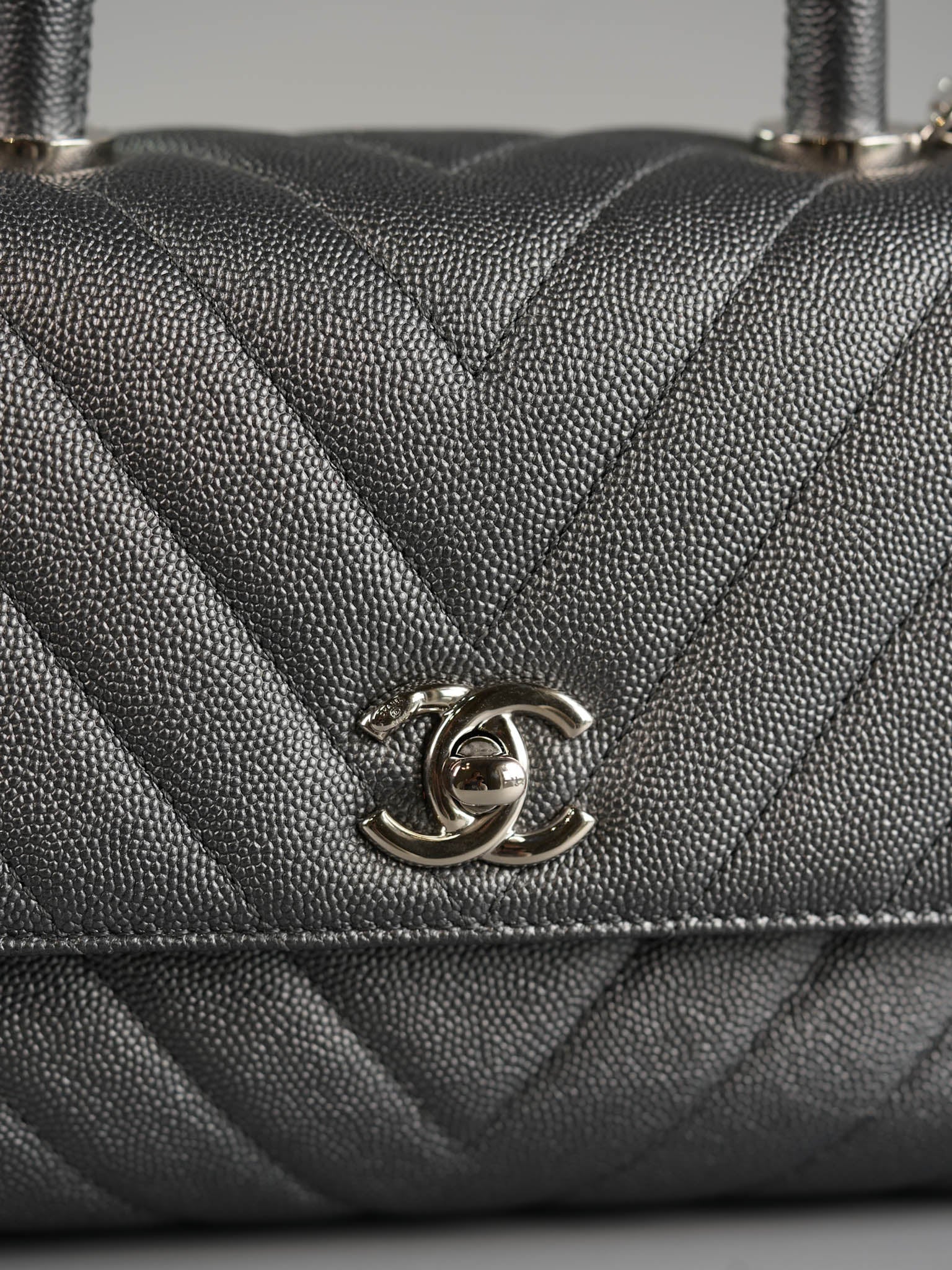 Coco Handle Small in Metallic Gray Chevron Caviar Leather and Silver Hardware Series 28 | Purse Maison Luxury Bags Shop