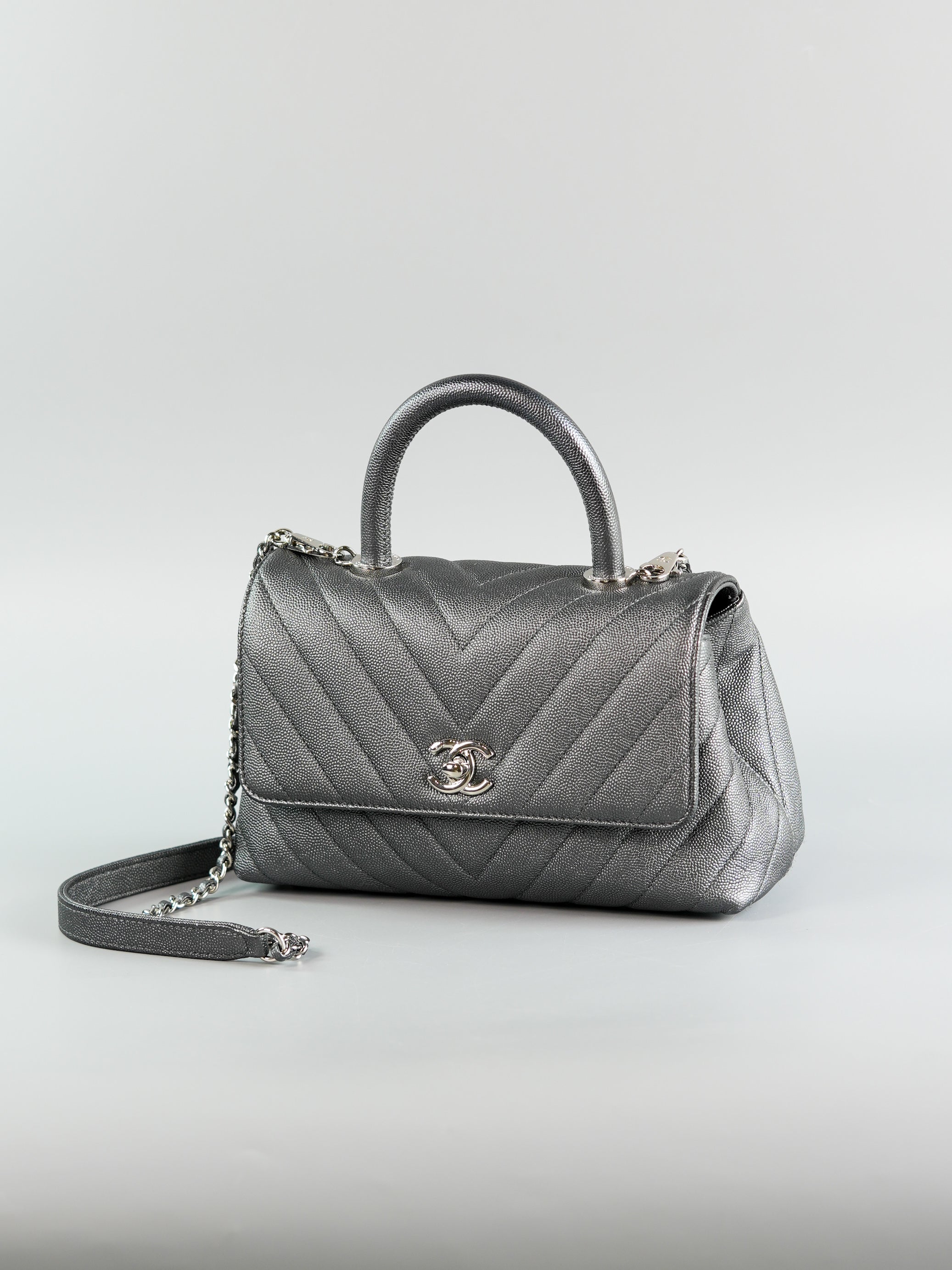 Coco Handle Small in Metallic Gray Chevron Caviar Leather and Silver Hardware Series 28 | Purse Maison Luxury Bags Shop