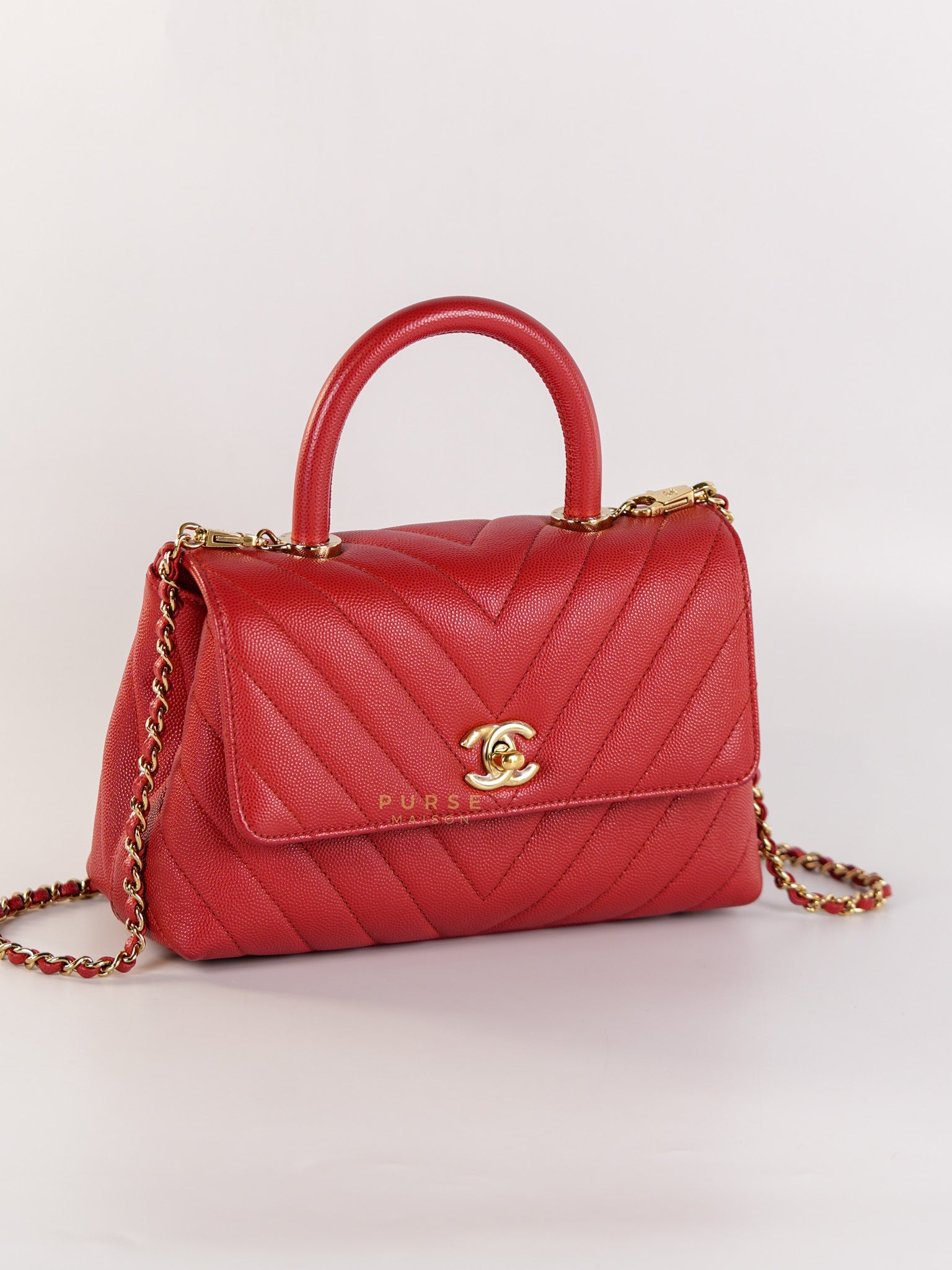 Coco Handle Small in Red Caviar Leather & Gold Hardware(Series 29) | Purse Maison Luxury Bags Shop
