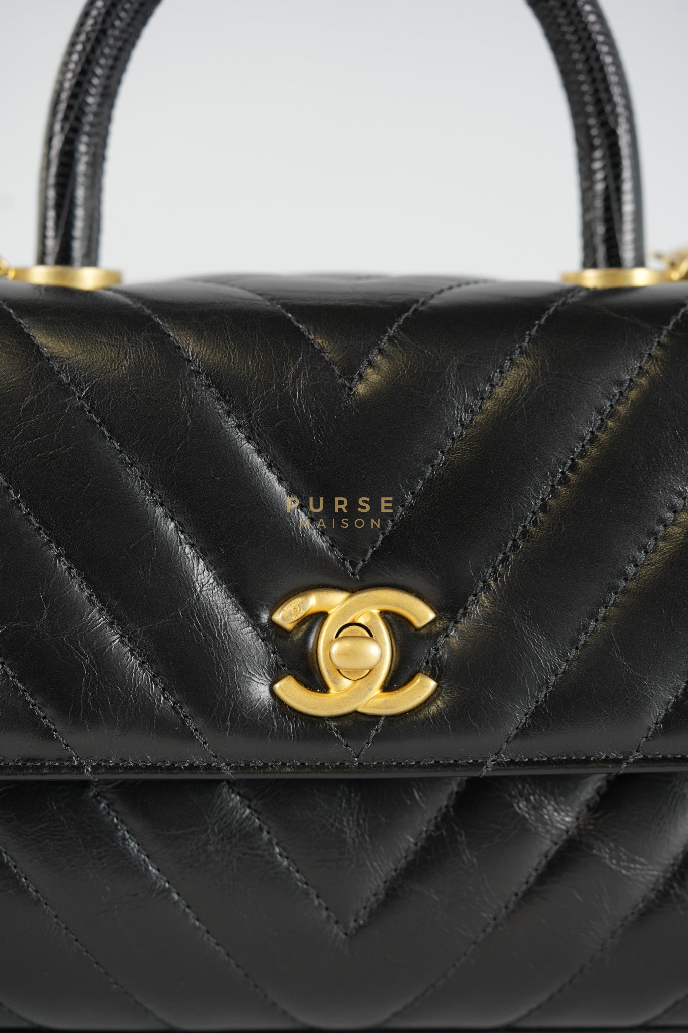 Coco Handle Small Lizard Handle Black Chevron in Shiny Calfskin and Aged Gold Hardware Series 25 | Purse Maison Luxury Bags Shop