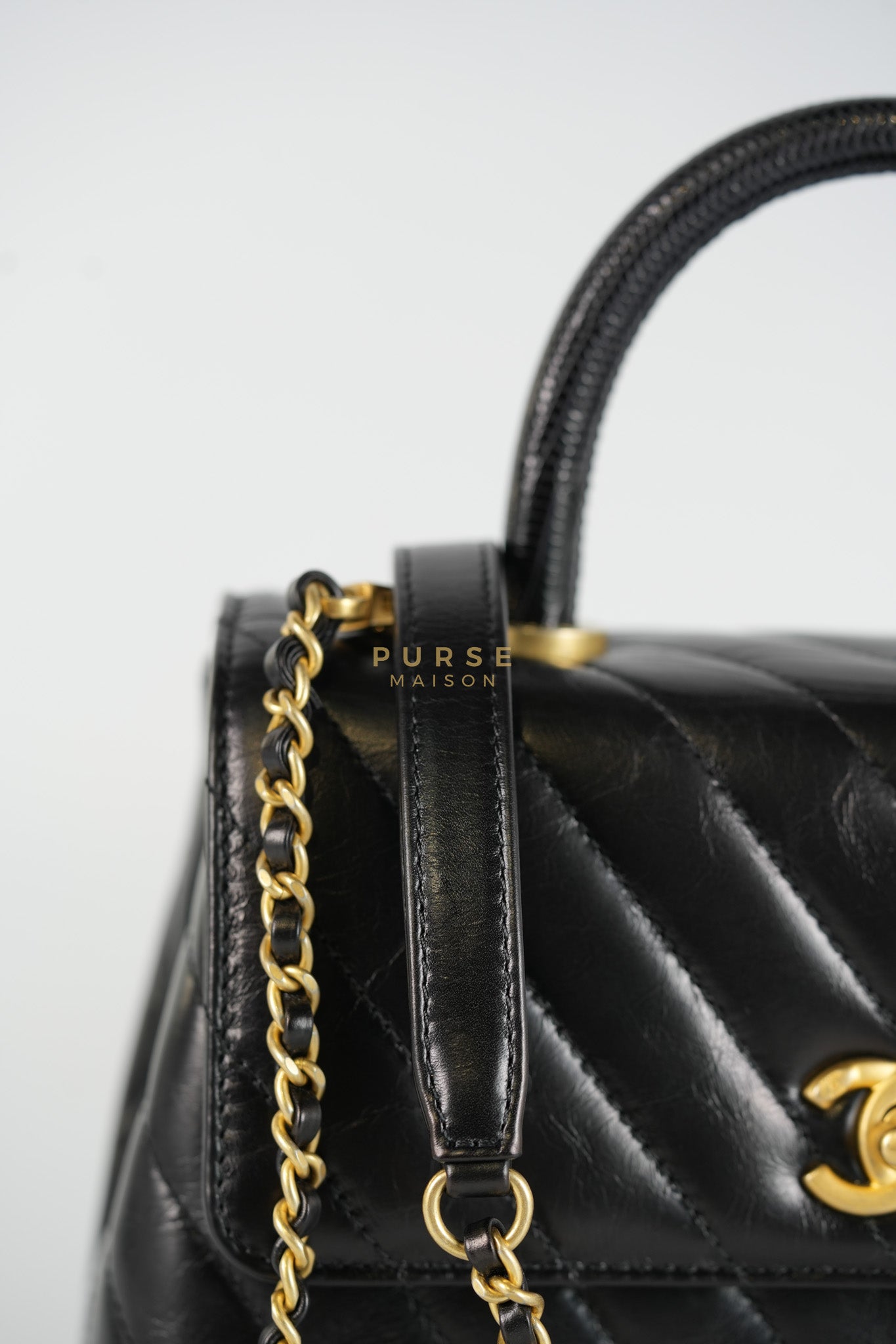 Coco Handle Small Lizard Handle Black Chevron in Shiny Calfskin and Aged Gold Hardware Series 25 | Purse Maison Luxury Bags Shop