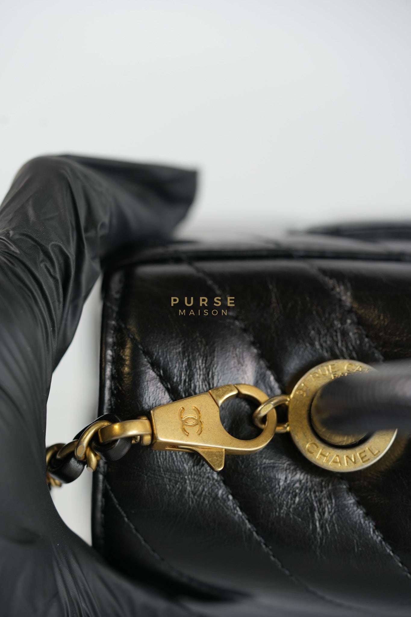 Coco Handle Small Lizard Handle Black Chevron in Shiny Calfskin and Aged Gold Hardware Series 25 | Purse Maison Luxury Bags Shop