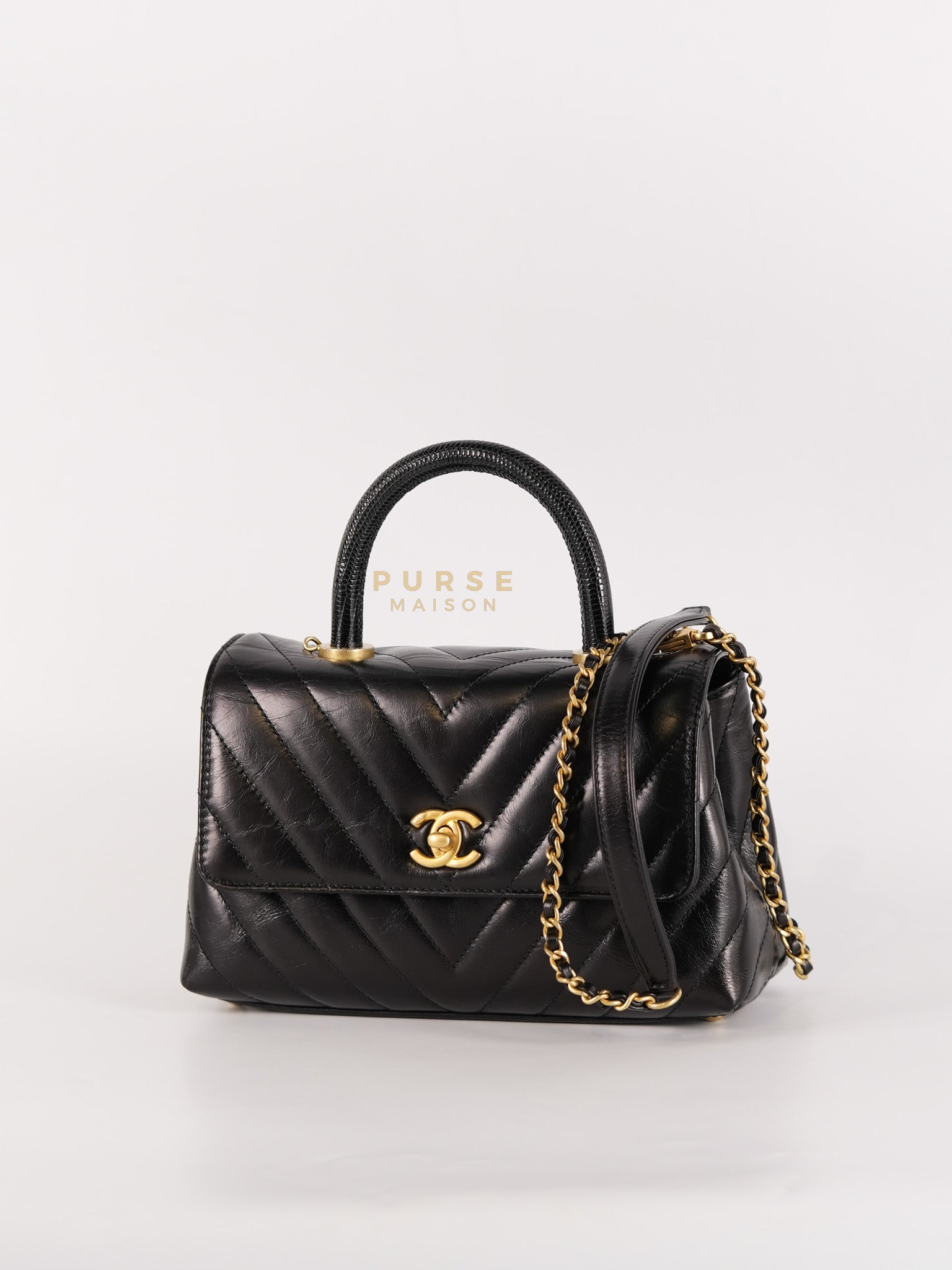 Coco Handle Small Lizard Handle Black Chevron in Shiny Calfskin and Aged Gold Hardware Series 25 | Purse Maison Luxury Bags Shop