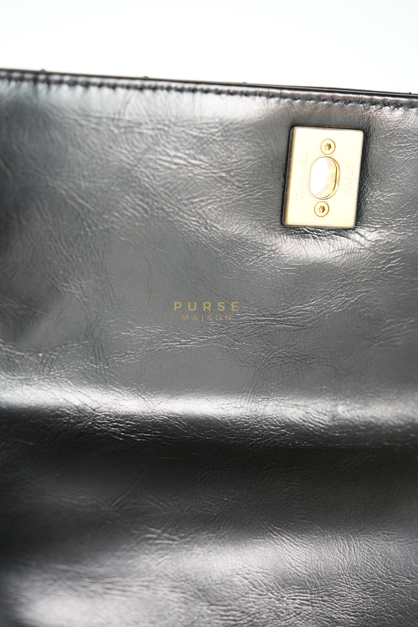 Coco Handle Small Lizard Handle Black Chevron in Shiny Calfskin and Aged Gold Hardware Series 25 | Purse Maison Luxury Bags Shop