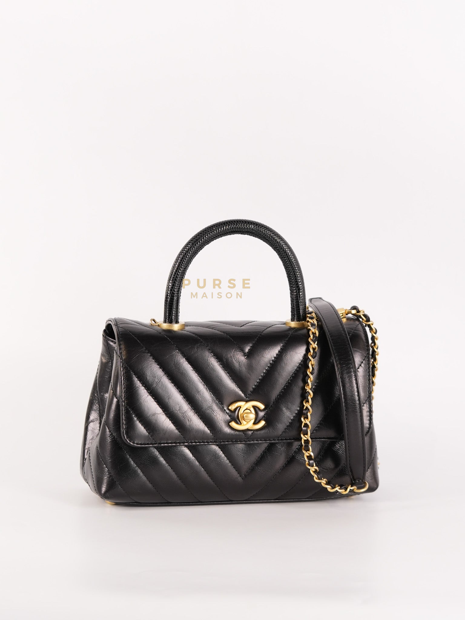 Coco Handle Small Lizard Handle Black Chevron in Shiny Calfskin and Aged Gold Hardware Series 25 | Purse Maison Luxury Bags Shop