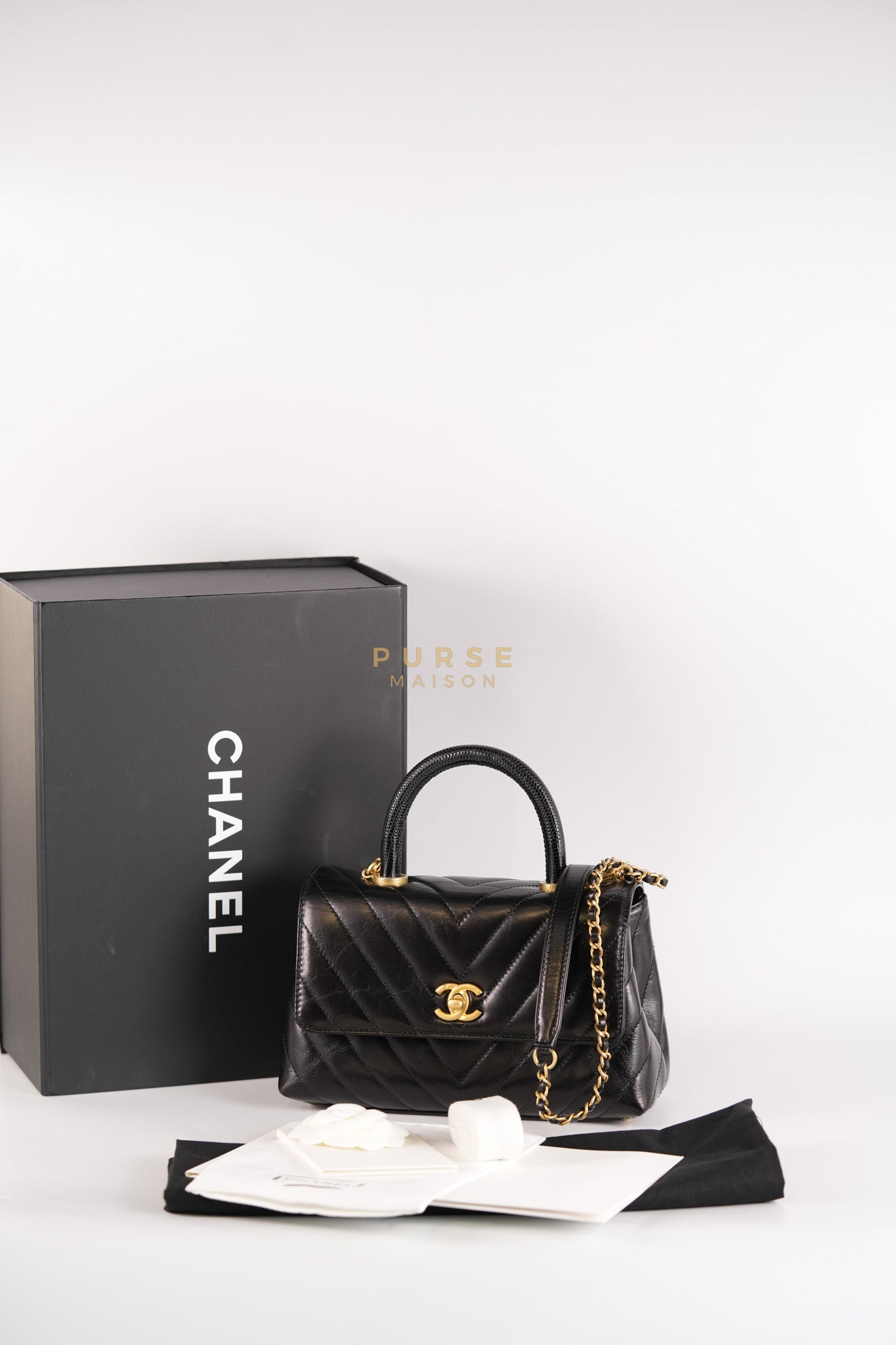 Coco Handle Small Lizard Handle Black Chevron in Shiny Calfskin and Aged Gold Hardware Series 25 | Purse Maison Luxury Bags Shop