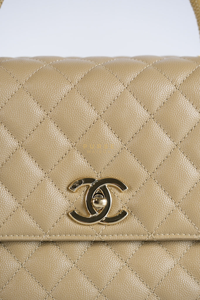Coco Lizard-Embossed Top Handle Medium in Dark Beige Caviar Leather & Gold Hardware Microchip | Purse Maison Luxury Bags Shop
