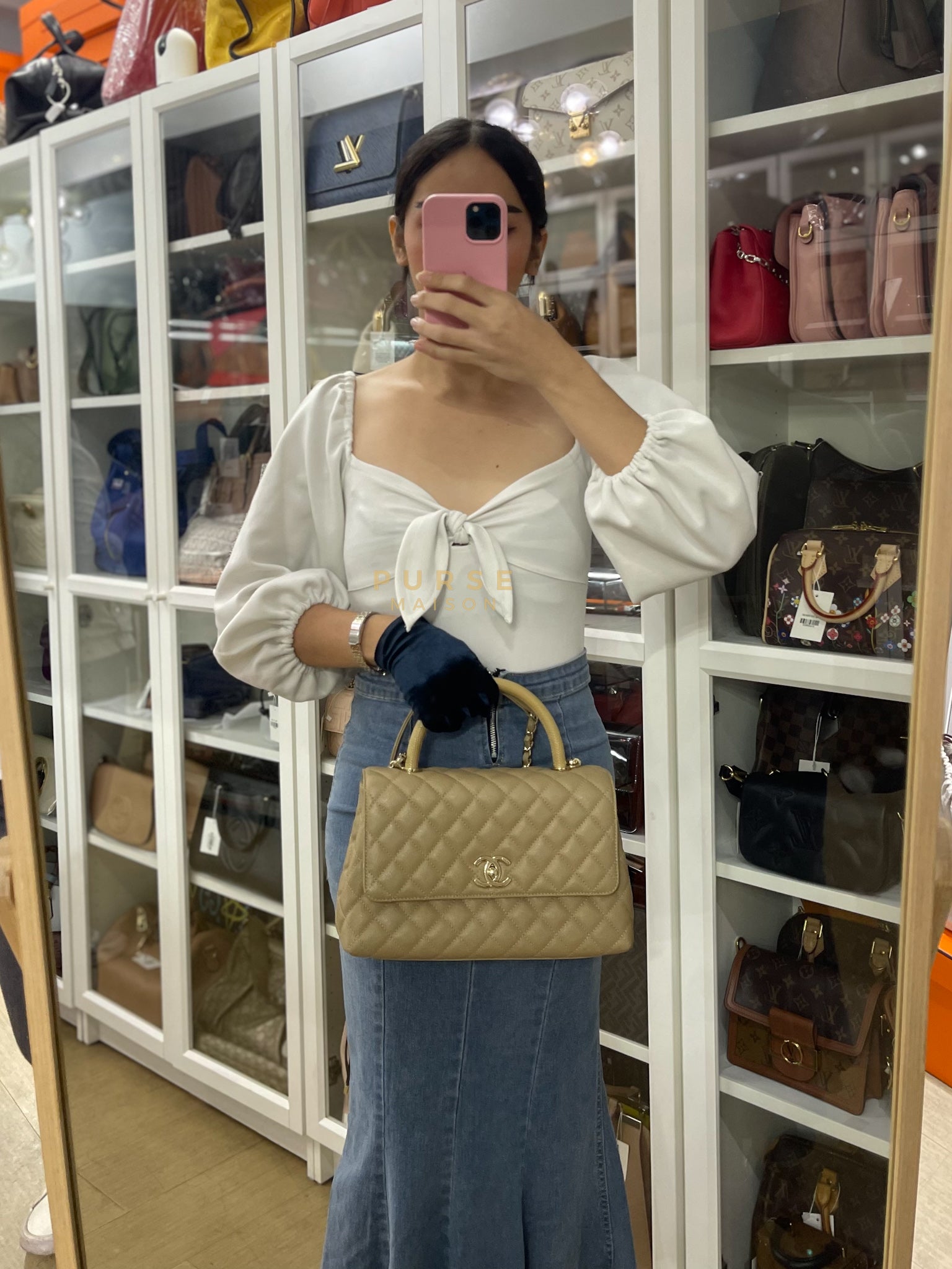 Coco Lizard-Embossed Top Handle Medium in Dark Beige Caviar Leather & Gold Hardware Microchip | Purse Maison Luxury Bags Shop