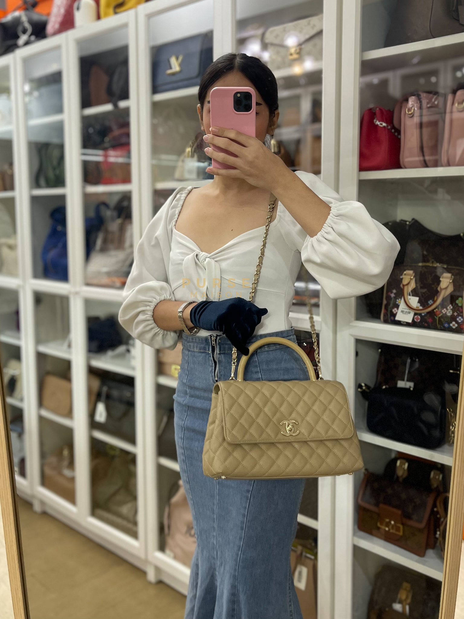 Coco Lizard-Embossed Top Handle Medium in Dark Beige Caviar Leather & Gold Hardware Microchip | Purse Maison Luxury Bags Shop
