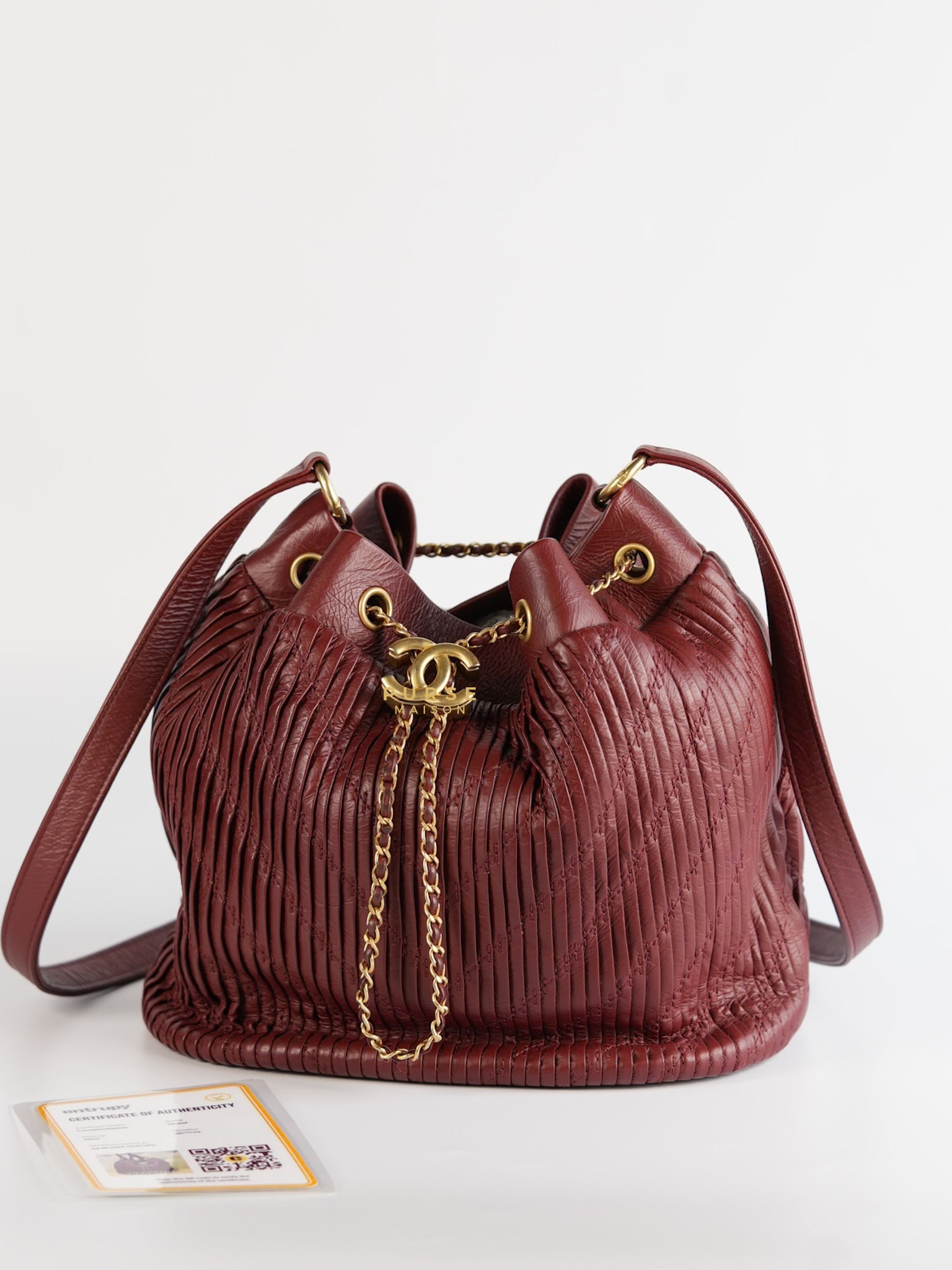 Coco Pleats Red Drawstring Bag in Aged Gold Hardware Series 25 | Purse Maison Luxury Bags Shop