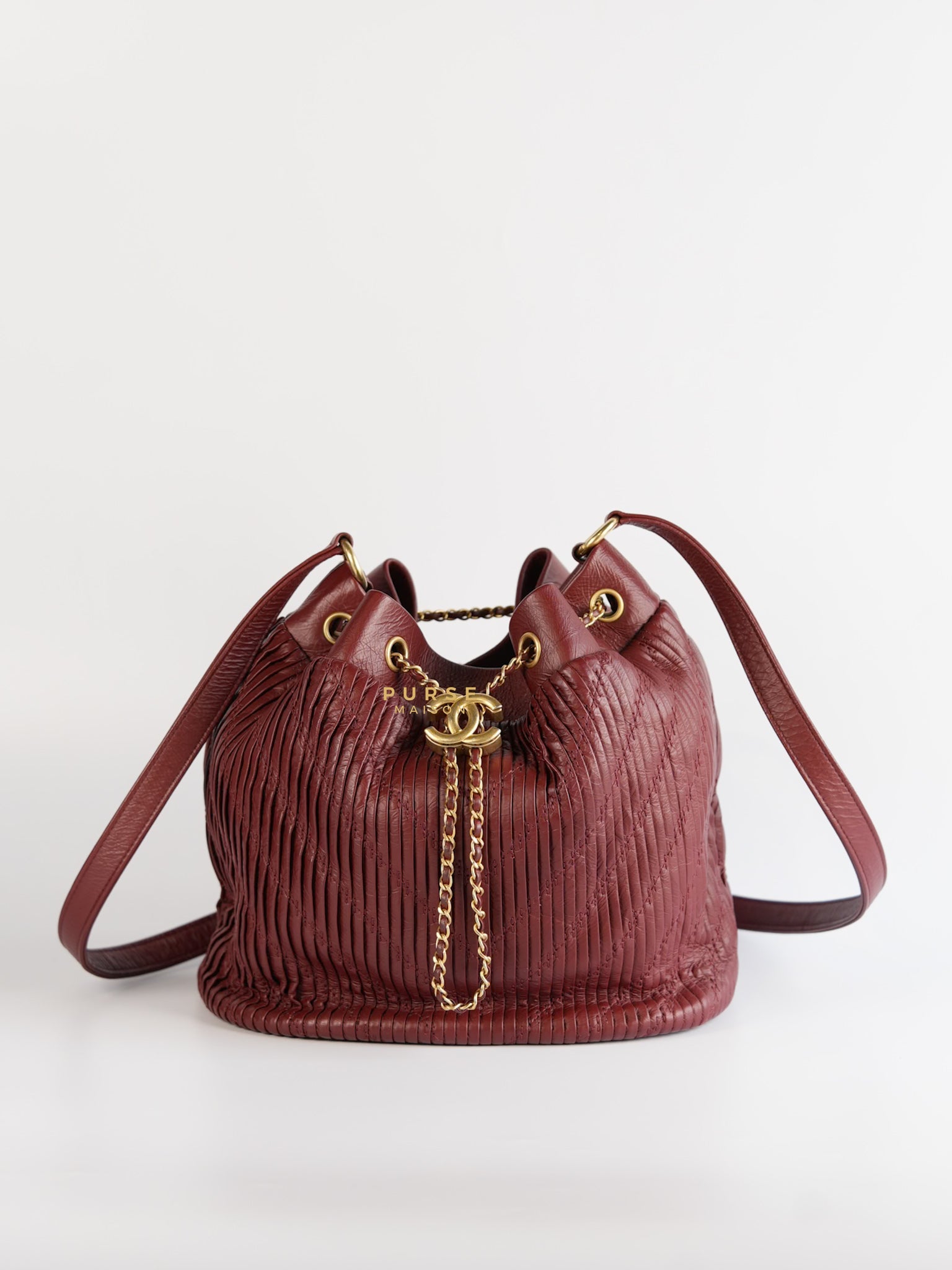 Coco Pleats Red Drawstring Bag in Aged Gold Hardware Series 25 | Purse Maison Luxury Bags Shop