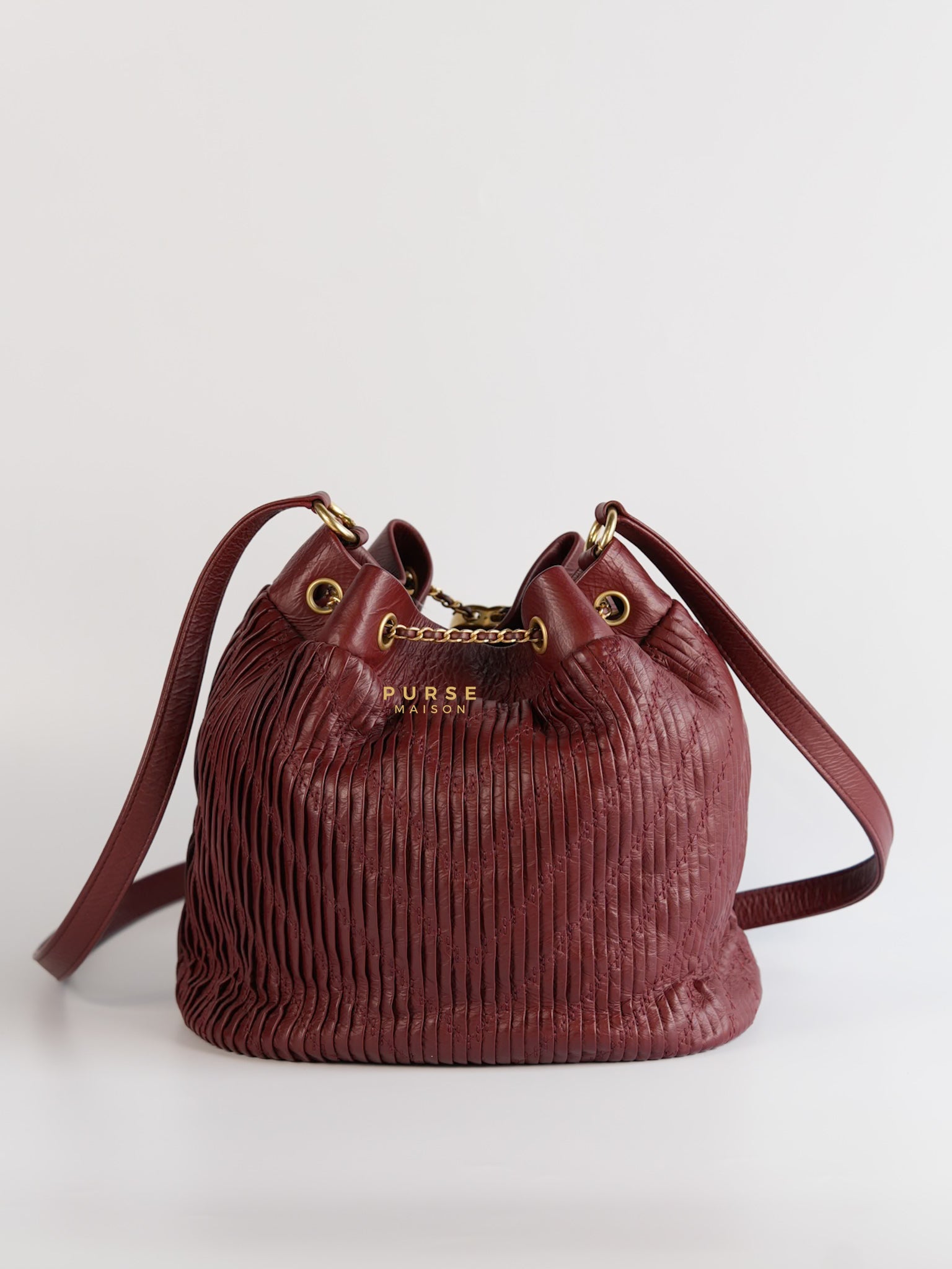 Coco Pleats Red Drawstring Bag in Aged Gold Hardware Series 25 | Purse Maison Luxury Bags Shop