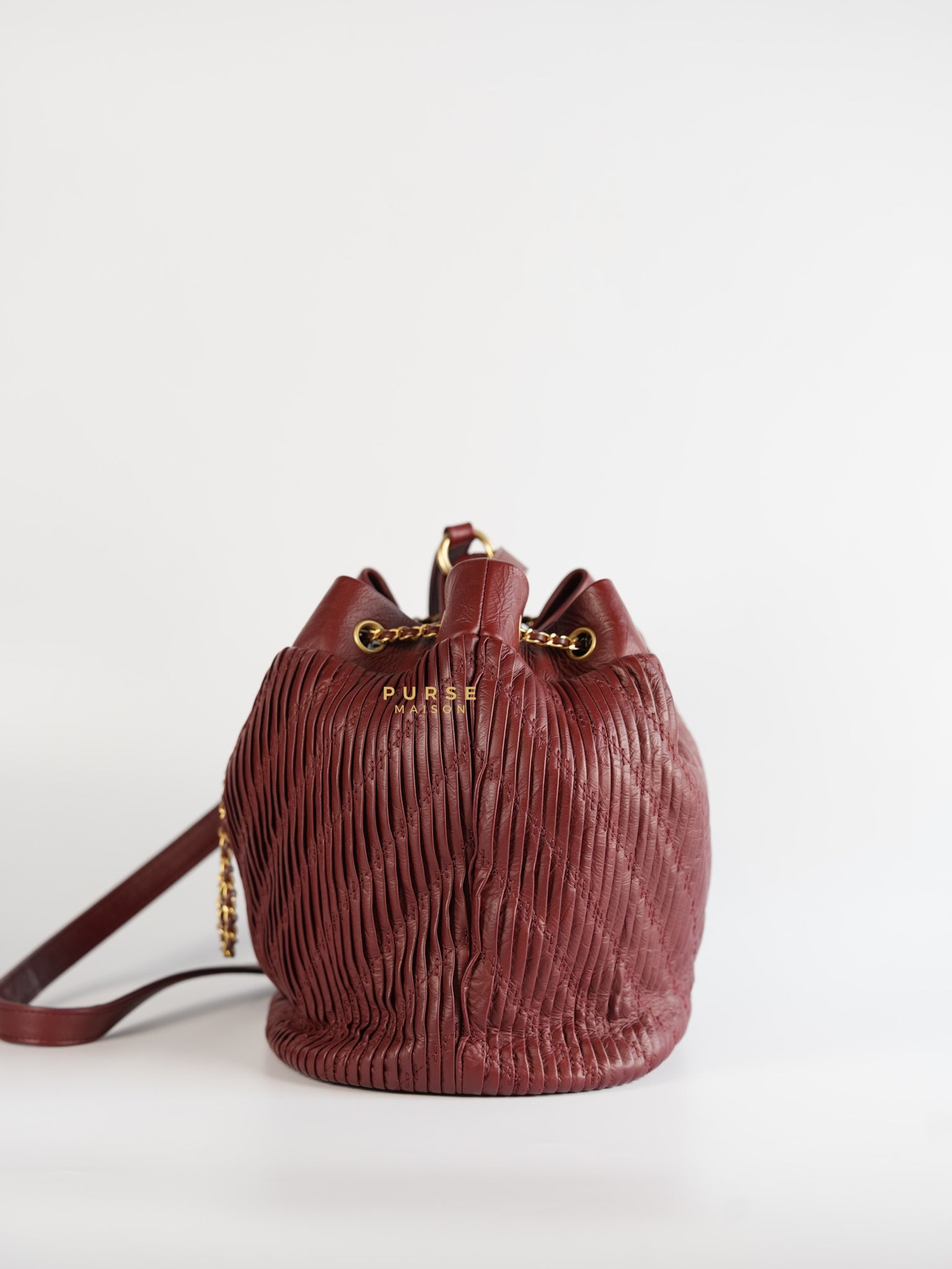 Coco Pleats Red Drawstring Bag in Aged Gold Hardware Series 25 | Purse Maison Luxury Bags Shop