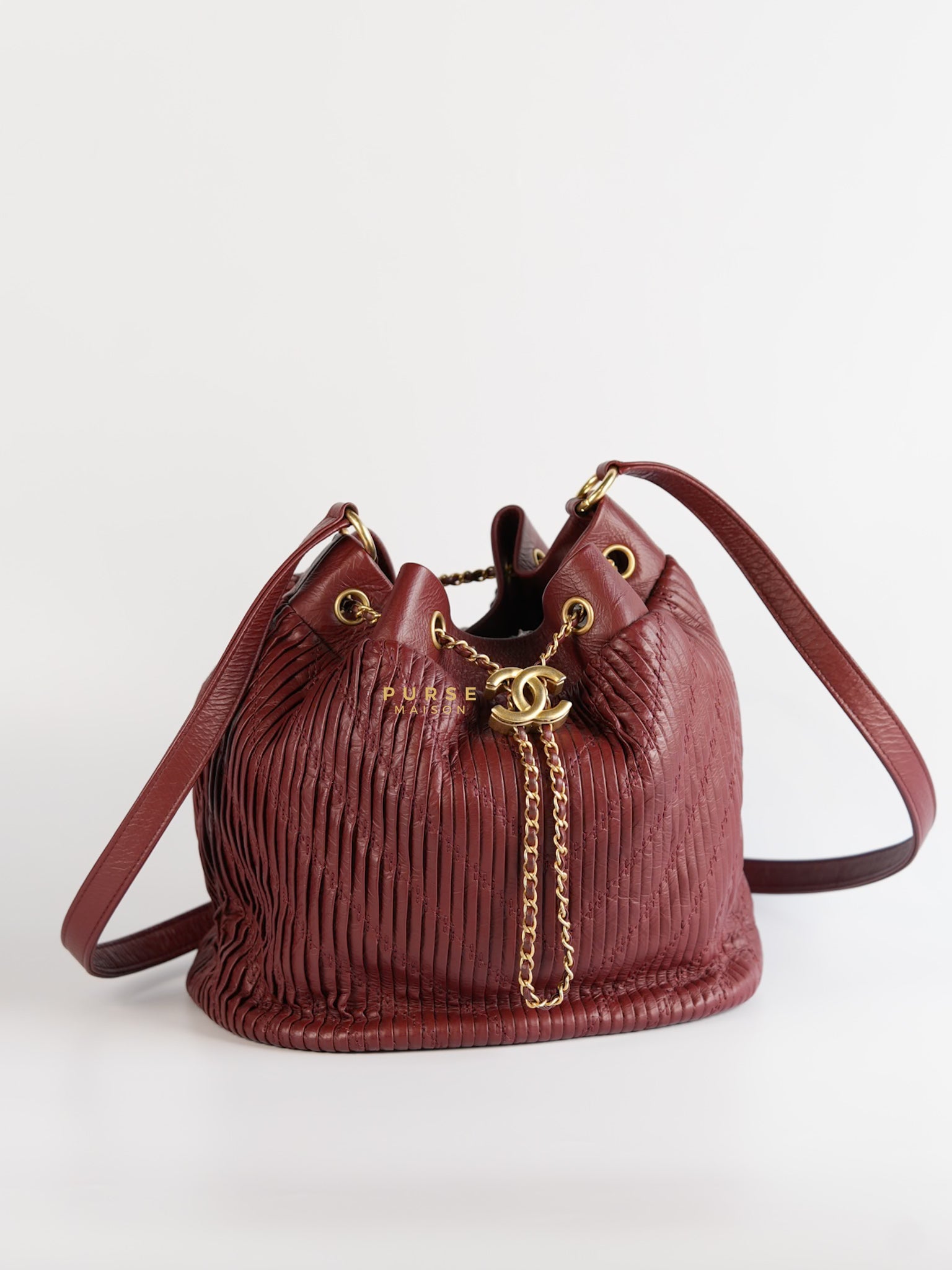 Coco Pleats Red Drawstring Bag in Aged Gold Hardware Series 25 | Purse Maison Luxury Bags Shop