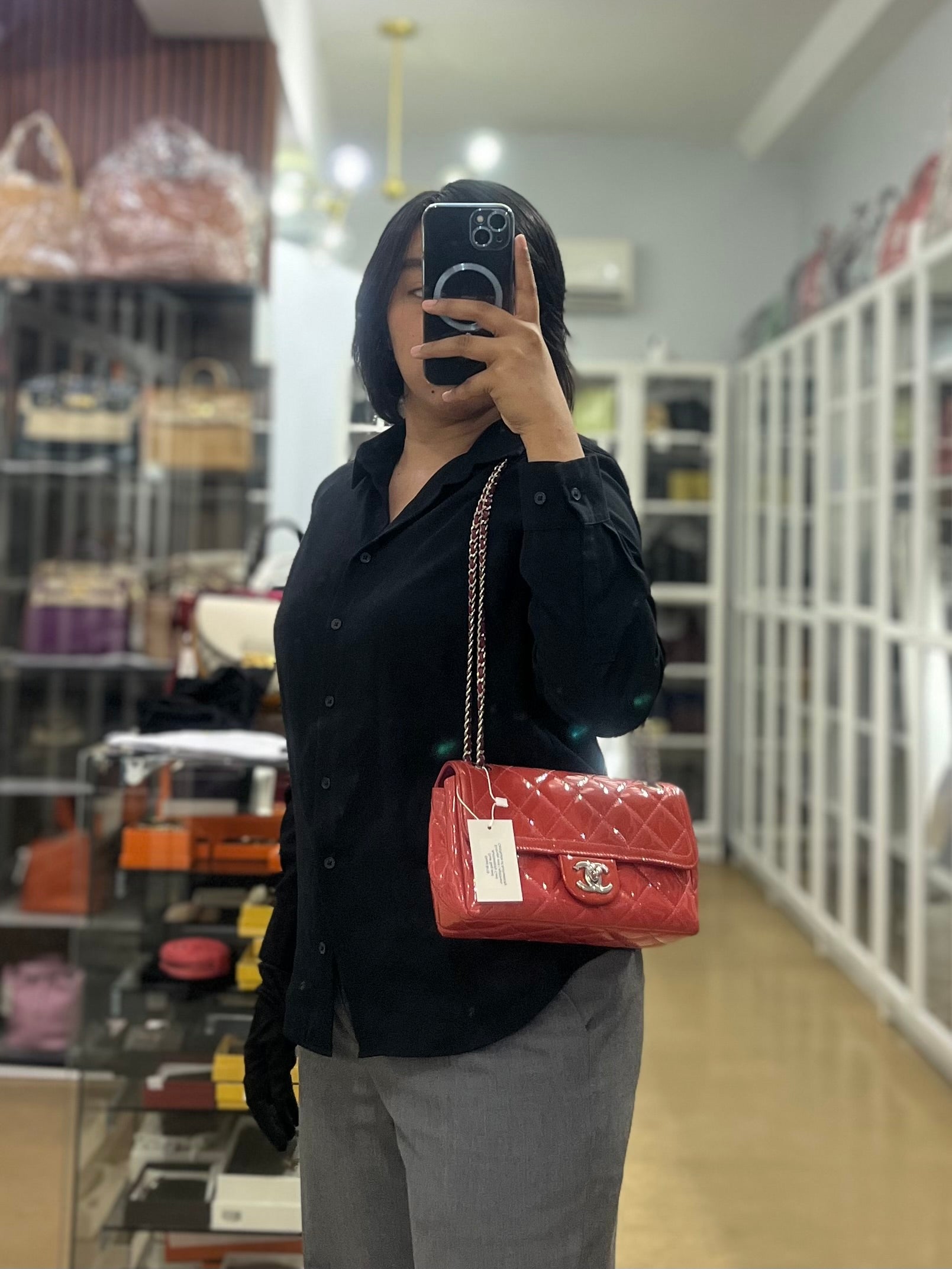Coco Shine Flap Small Red Patent Leather Pink Interior Silver Hardware Series 20 | Purse Maison Luxury Bags Shop