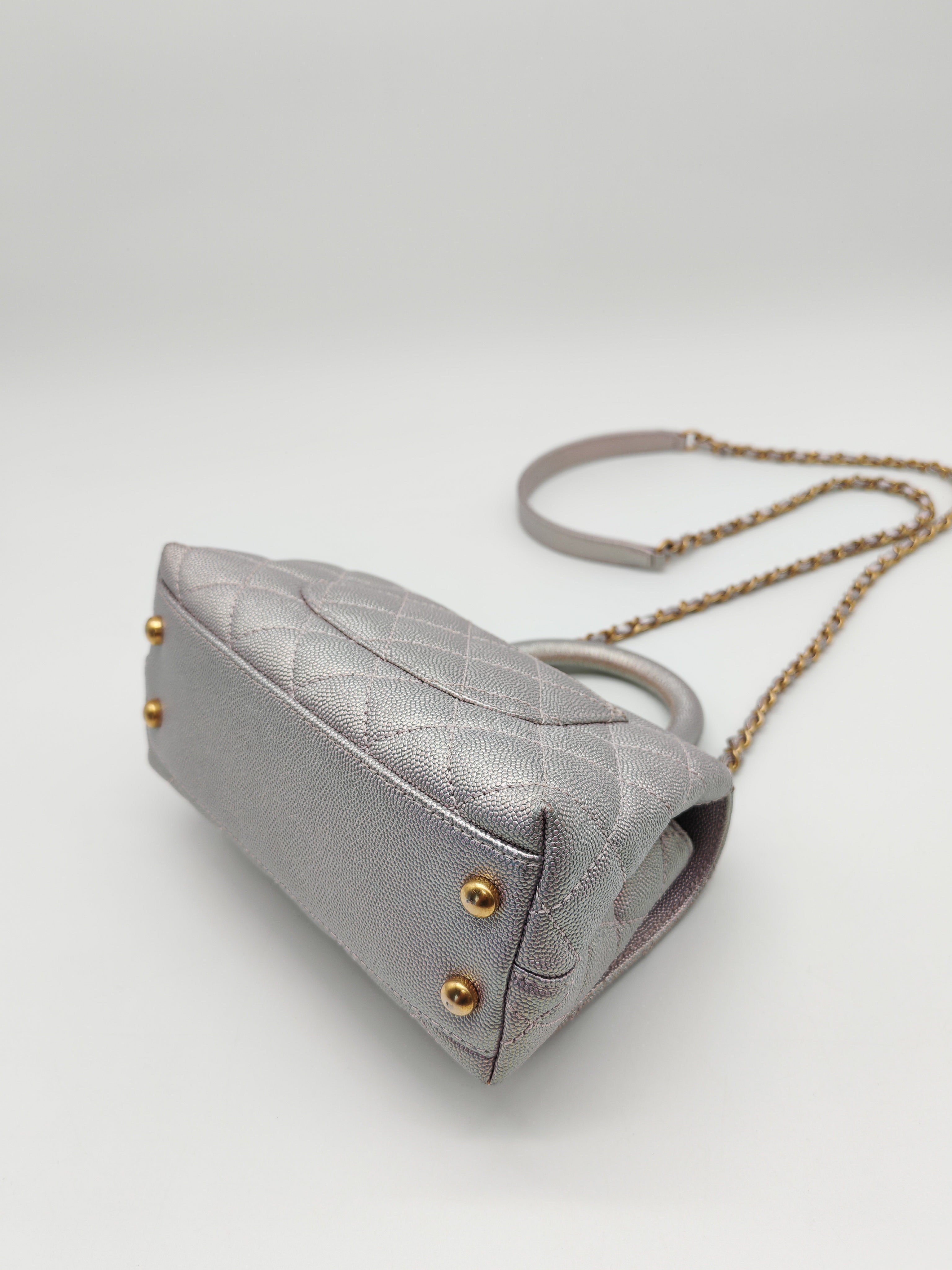 Coco Top Handle Bag Mini in Iridescent Quilted Caviar Leather & Gold Hardware Microchip | Purse Maison Luxury Bags Shop