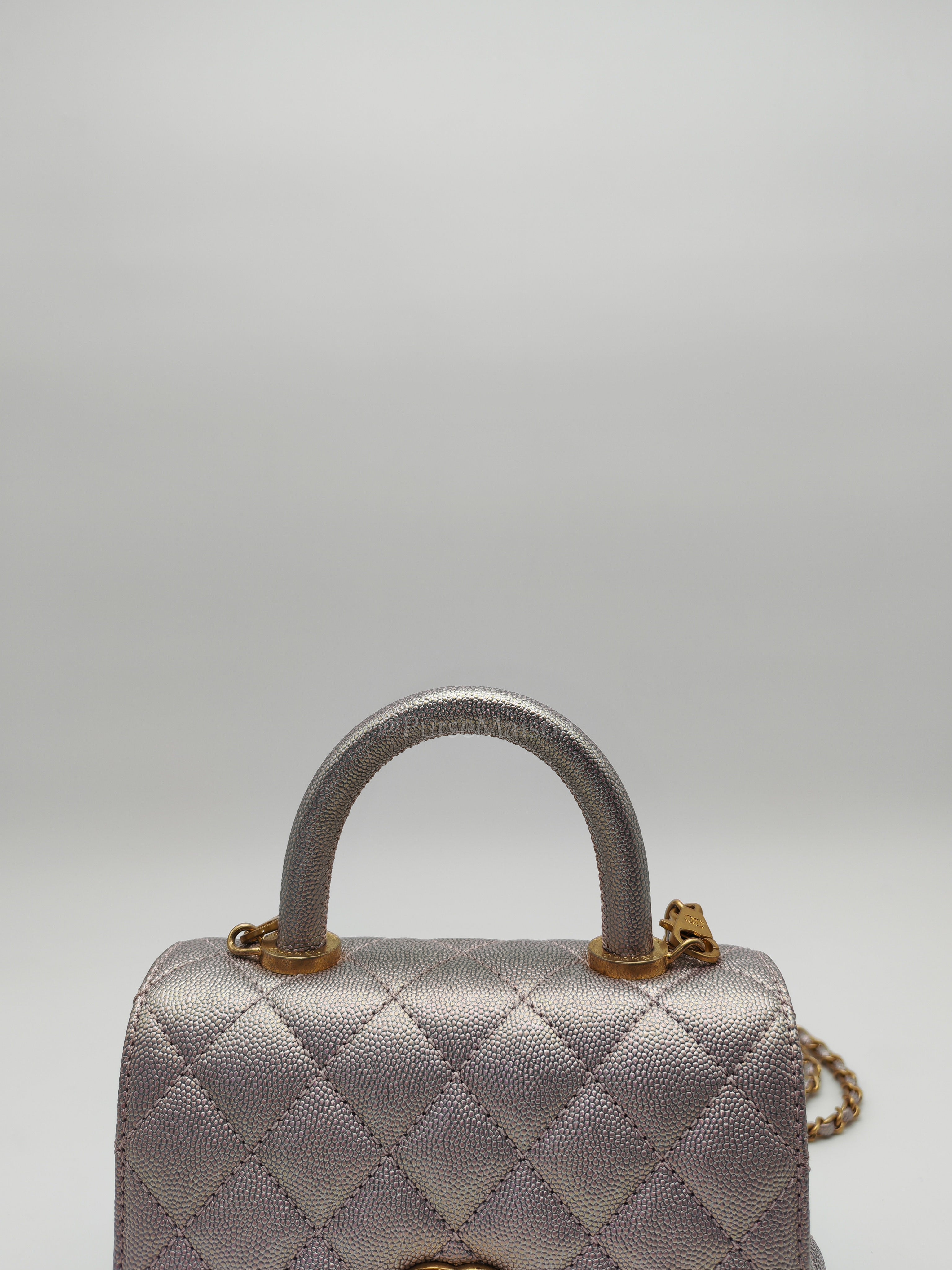 Coco Top Handle Bag Mini in Iridescent Quilted Caviar Leather & Gold Hardware Microchip | Purse Maison Luxury Bags Shop