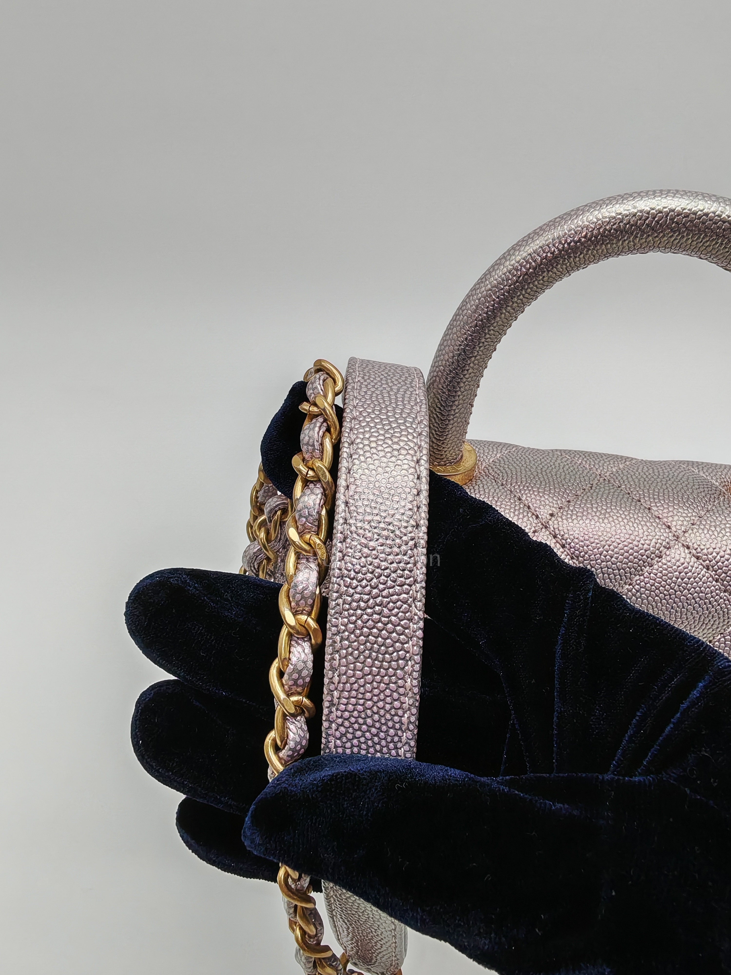 Coco Top Handle Bag Mini in Iridescent Quilted Caviar Leather & Gold Hardware Microchip | Purse Maison Luxury Bags Shop