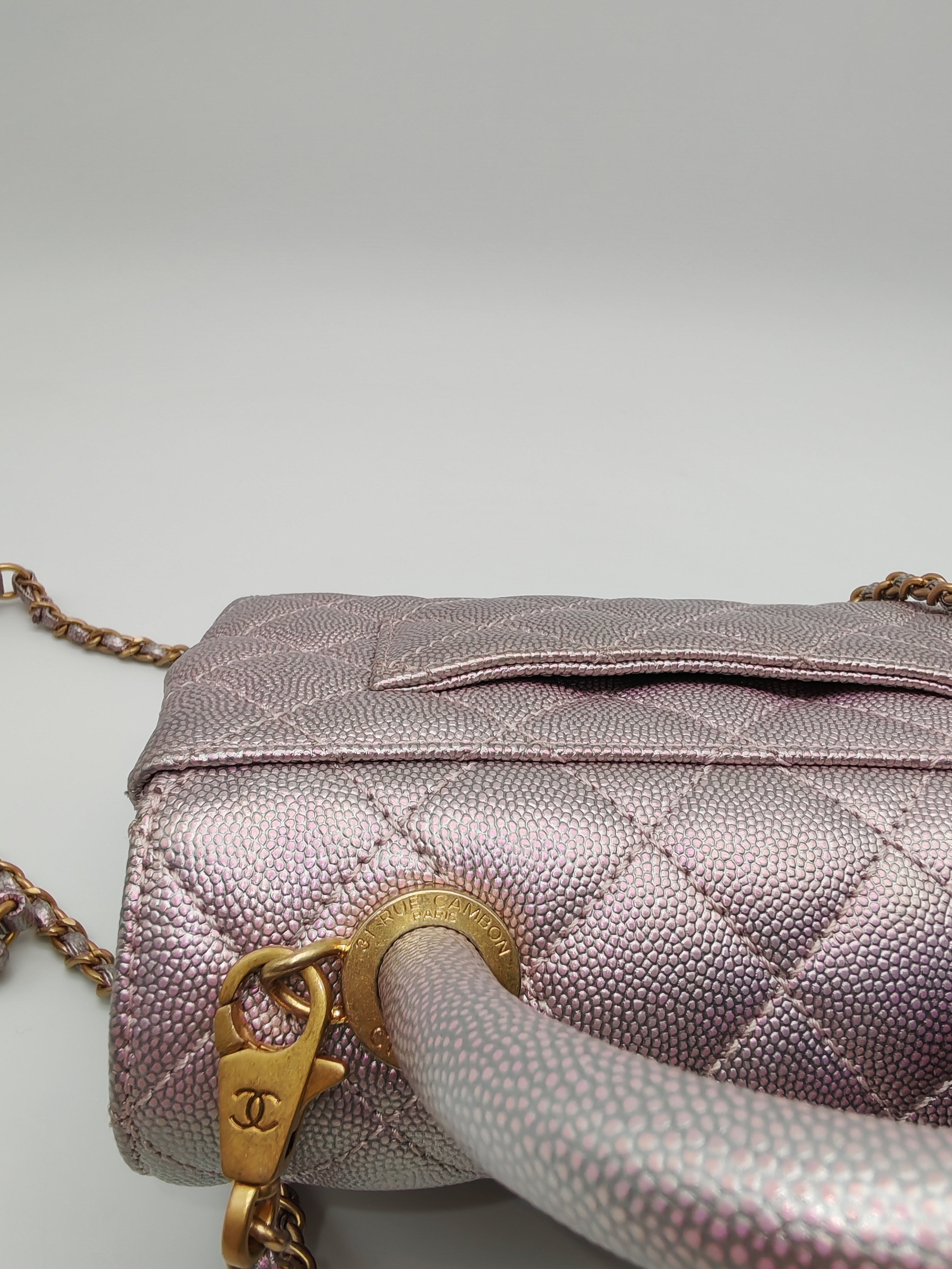 Coco Top Handle Bag Mini in Iridescent Quilted Caviar Leather & Gold Hardware Microchip | Purse Maison Luxury Bags Shop