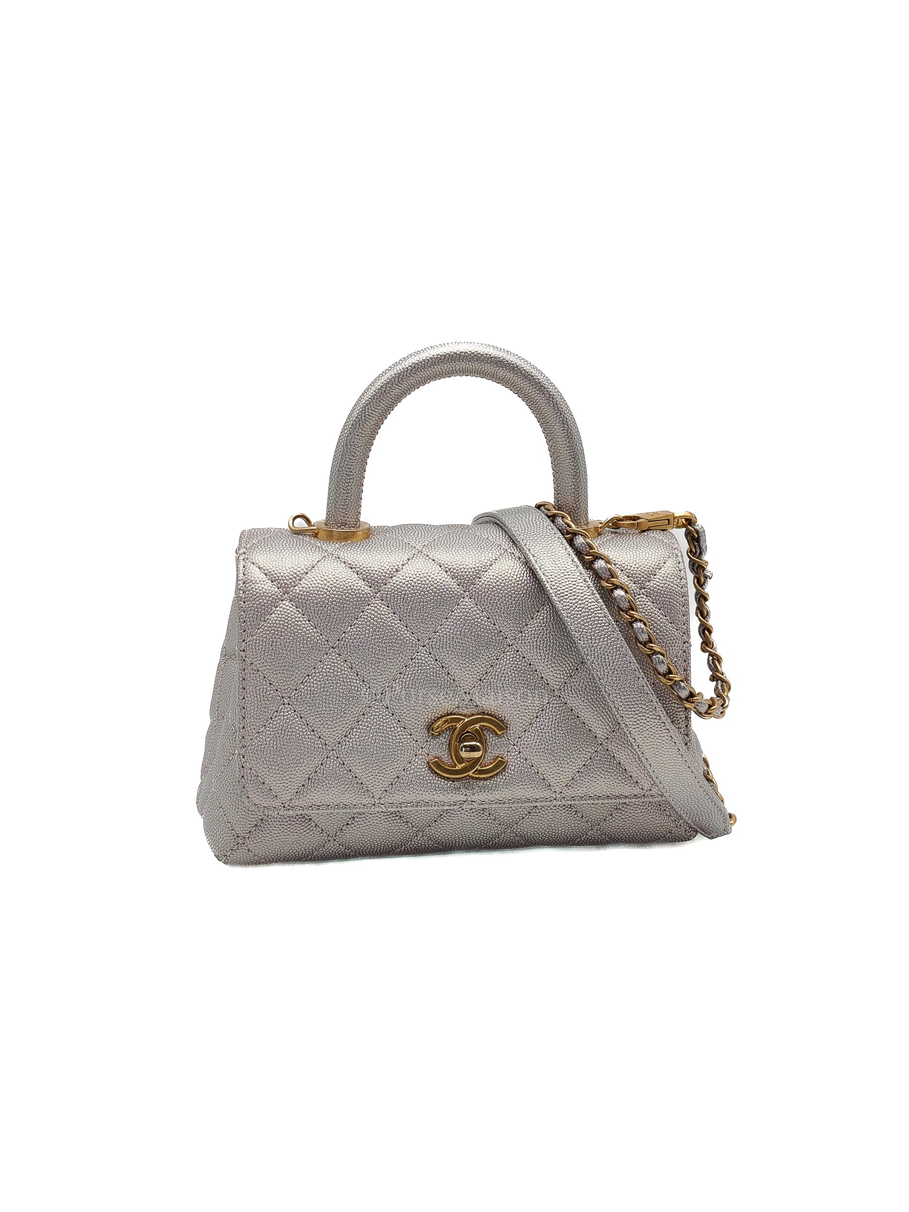 Coco Top Handle Bag Mini in Iridescent Quilted Caviar Leather & Gold Hardware Microchip | Purse Maison Luxury Bags Shop