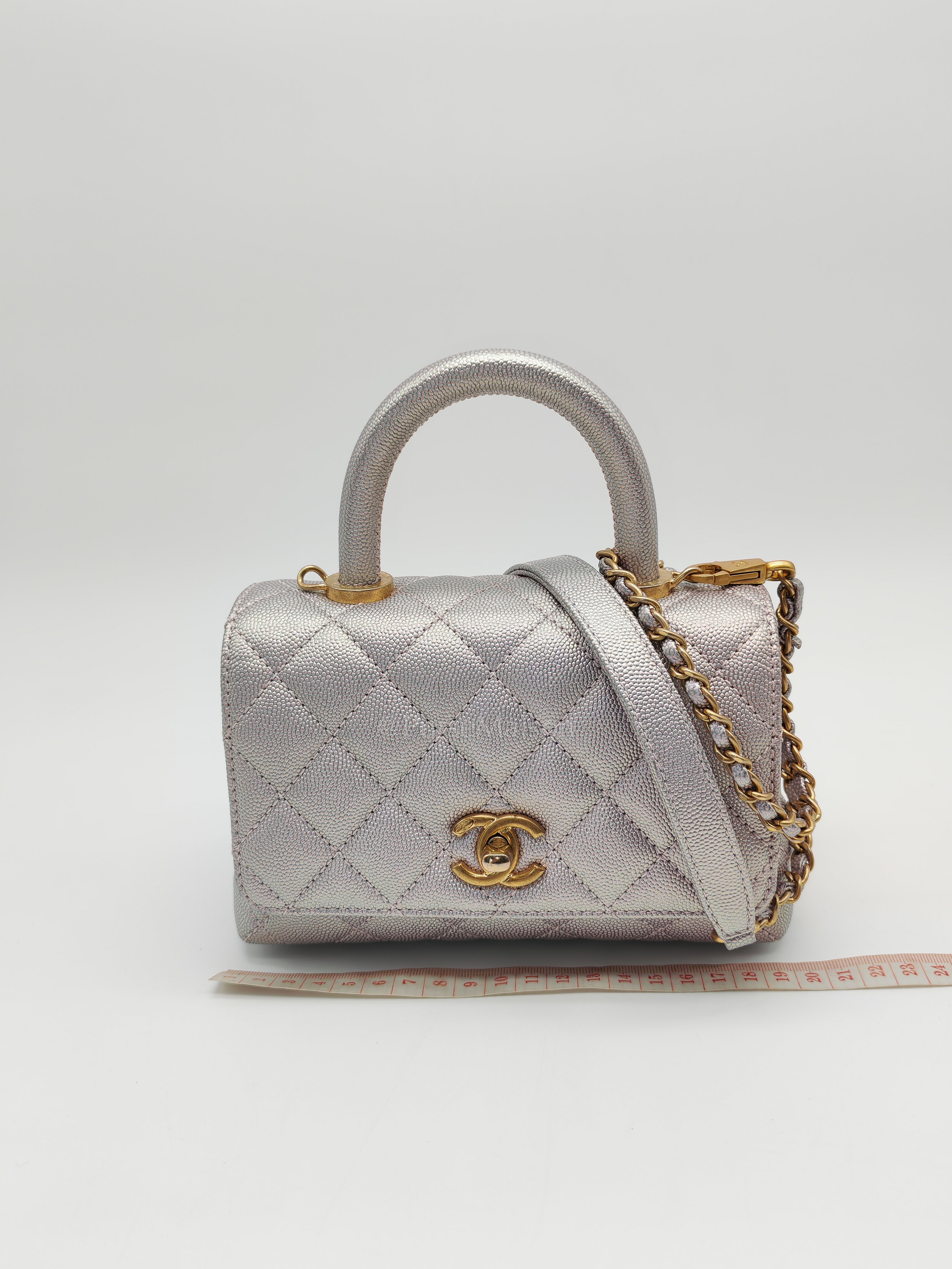 Coco Top Handle Bag Mini in Iridescent Quilted Caviar Leather & Gold Hardware Microchip | Purse Maison Luxury Bags Shop