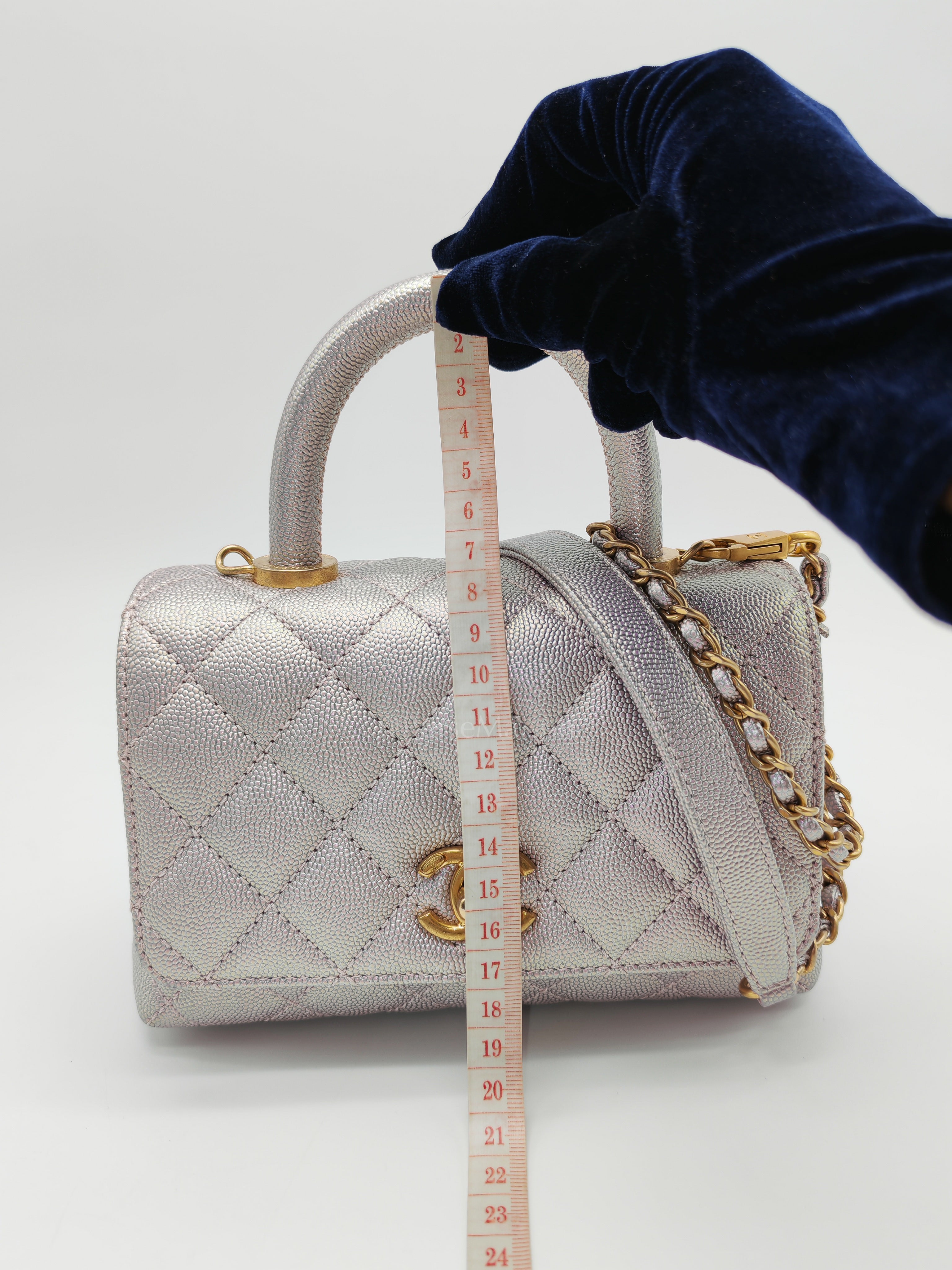 Coco Top Handle Bag Mini in Iridescent Quilted Caviar Leather & Gold Hardware Microchip | Purse Maison Luxury Bags Shop