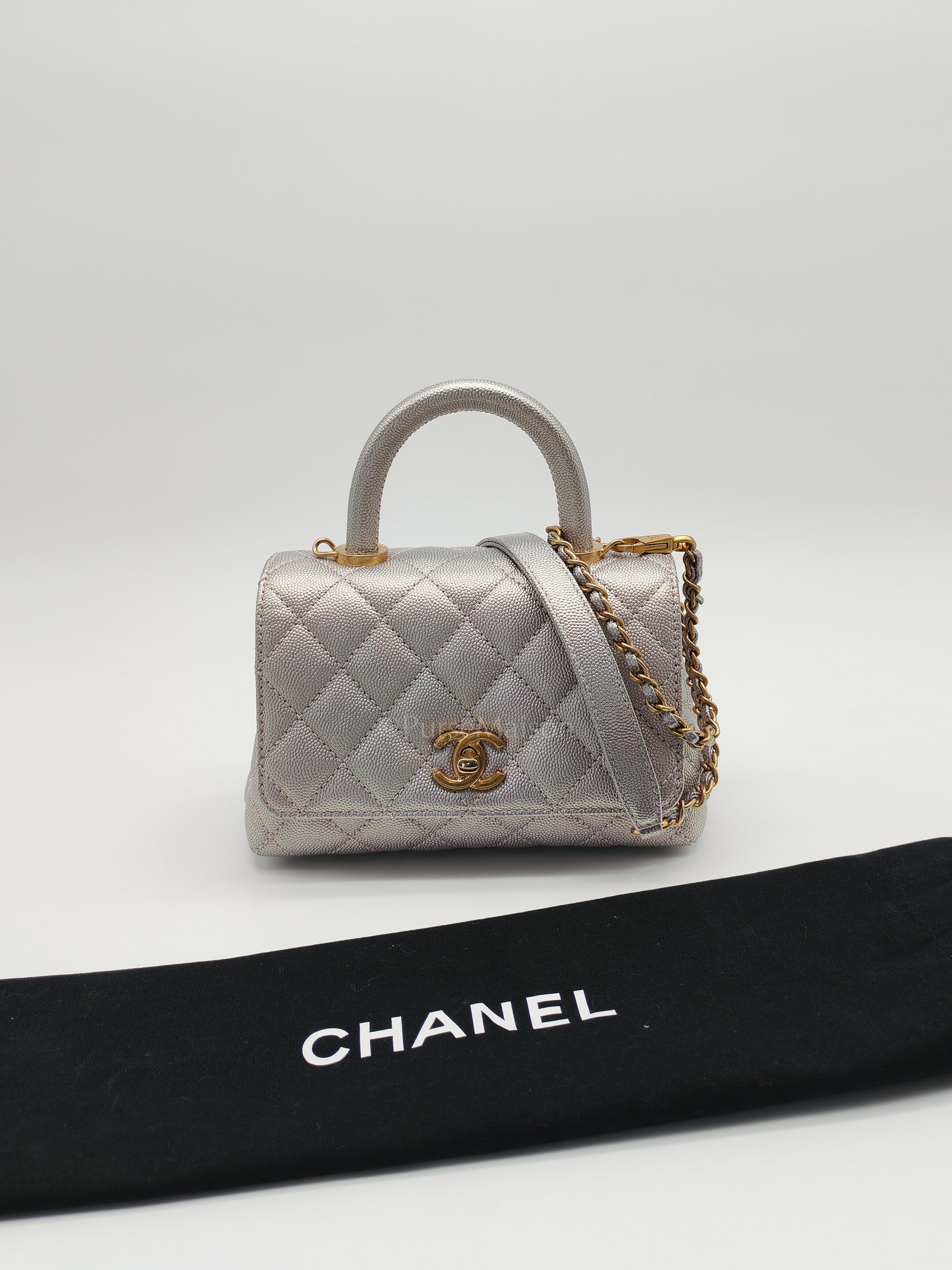 Coco Top Handle Bag Mini in Iridescent Quilted Caviar Leather & Gold Hardware Microchip | Purse Maison Luxury Bags Shop