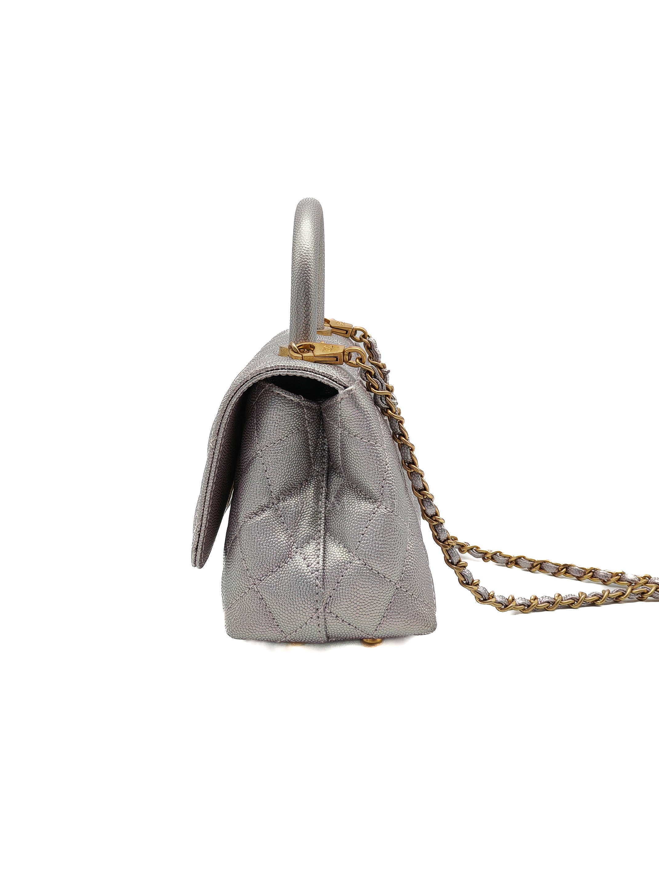 Coco Top Handle Bag Mini in Iridescent Quilted Caviar Leather & Gold Hardware Microchip | Purse Maison Luxury Bags Shop