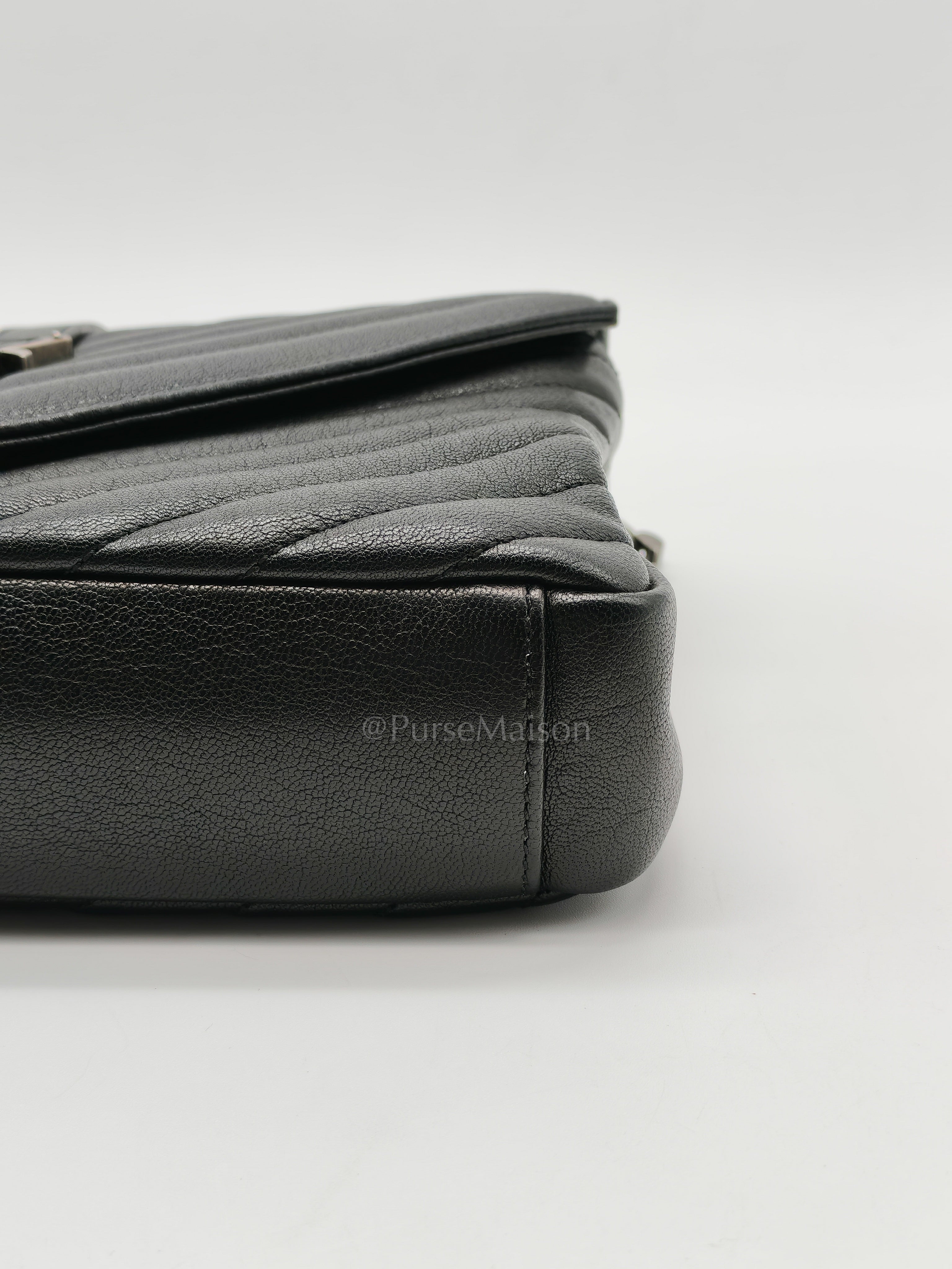 College Bag in Black Quilted Chevron Calfskin Leather & Silver/Ruthenium Hardware | Purse Maison Luxury Bags Shop