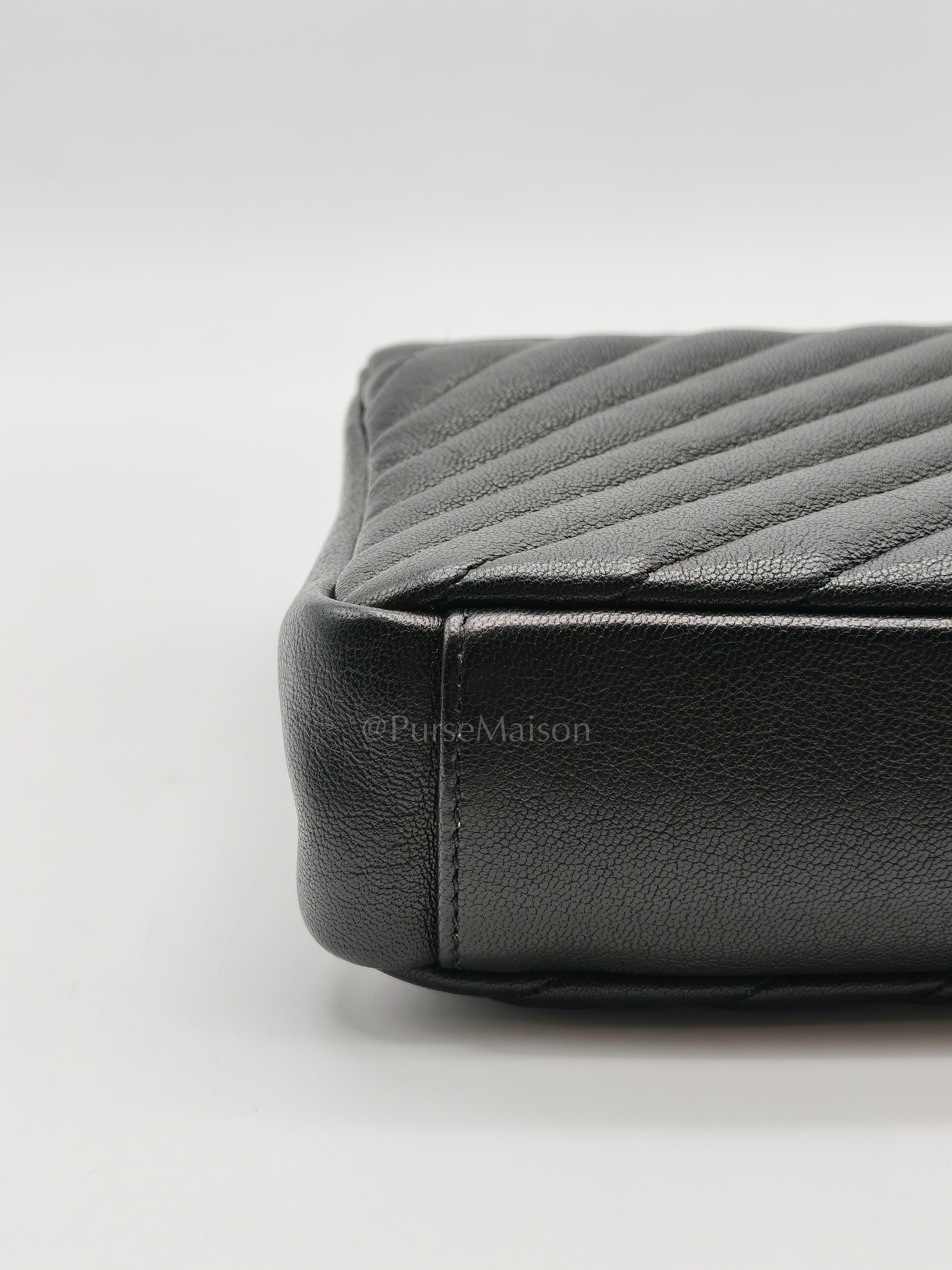 College Bag in Black Quilted Chevron Calfskin Leather & Silver/Ruthenium Hardware | Purse Maison Luxury Bags Shop