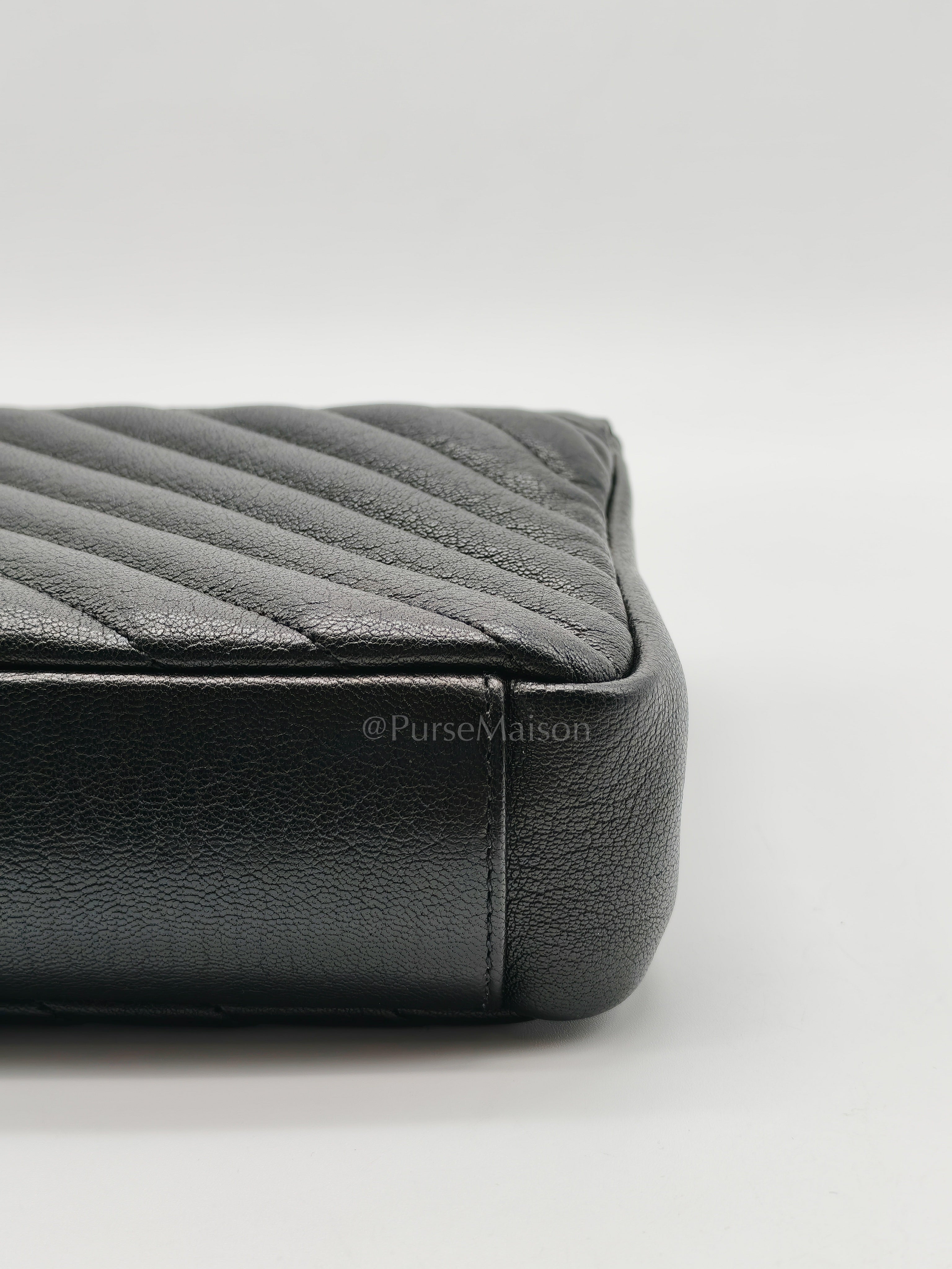 College Bag in Black Quilted Chevron Calfskin Leather & Silver/Ruthenium Hardware | Purse Maison Luxury Bags Shop