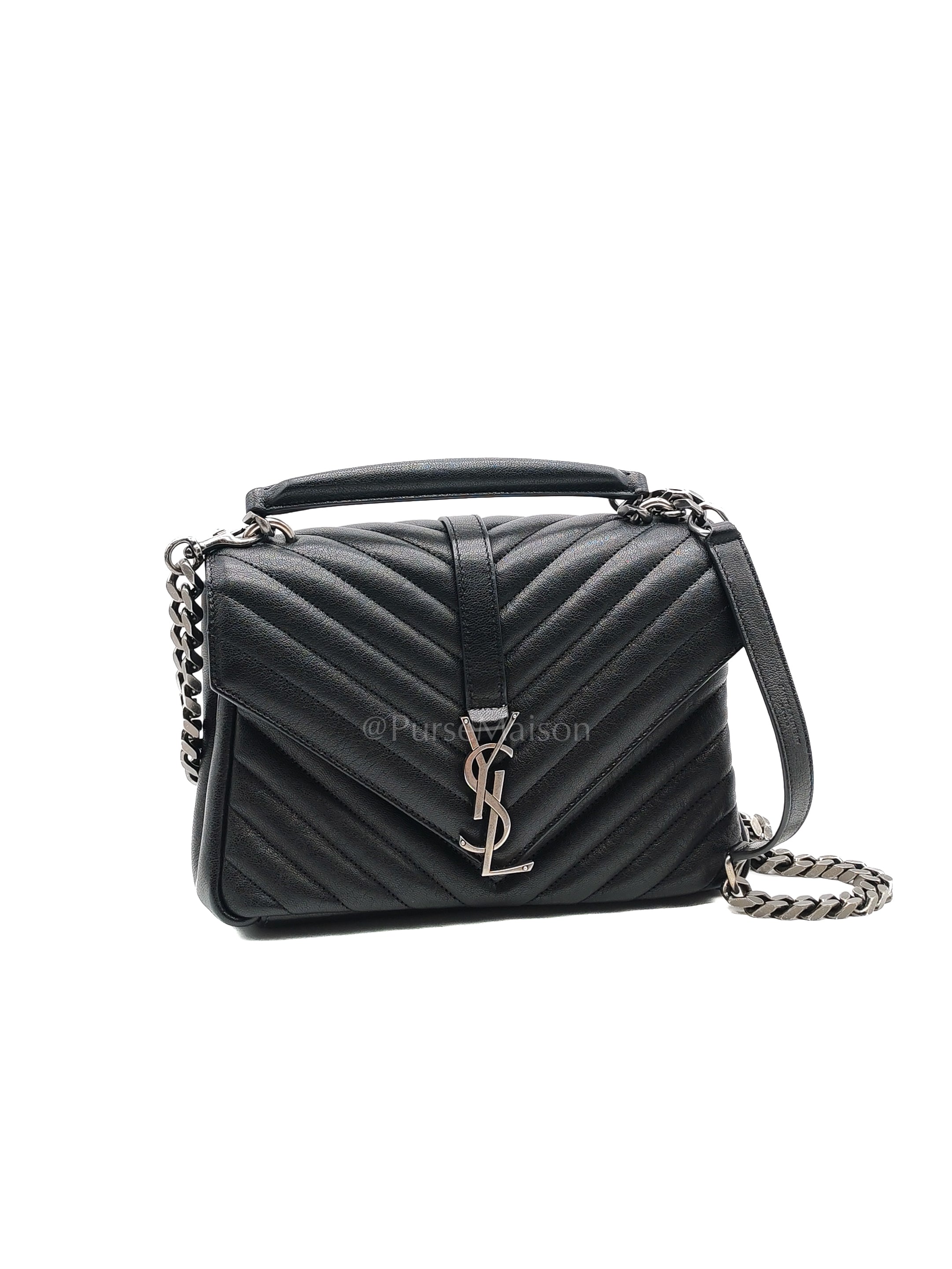 College Bag in Black Quilted Chevron Calfskin Leather & Silver/Ruthenium Hardware | Purse Maison Luxury Bags Shop