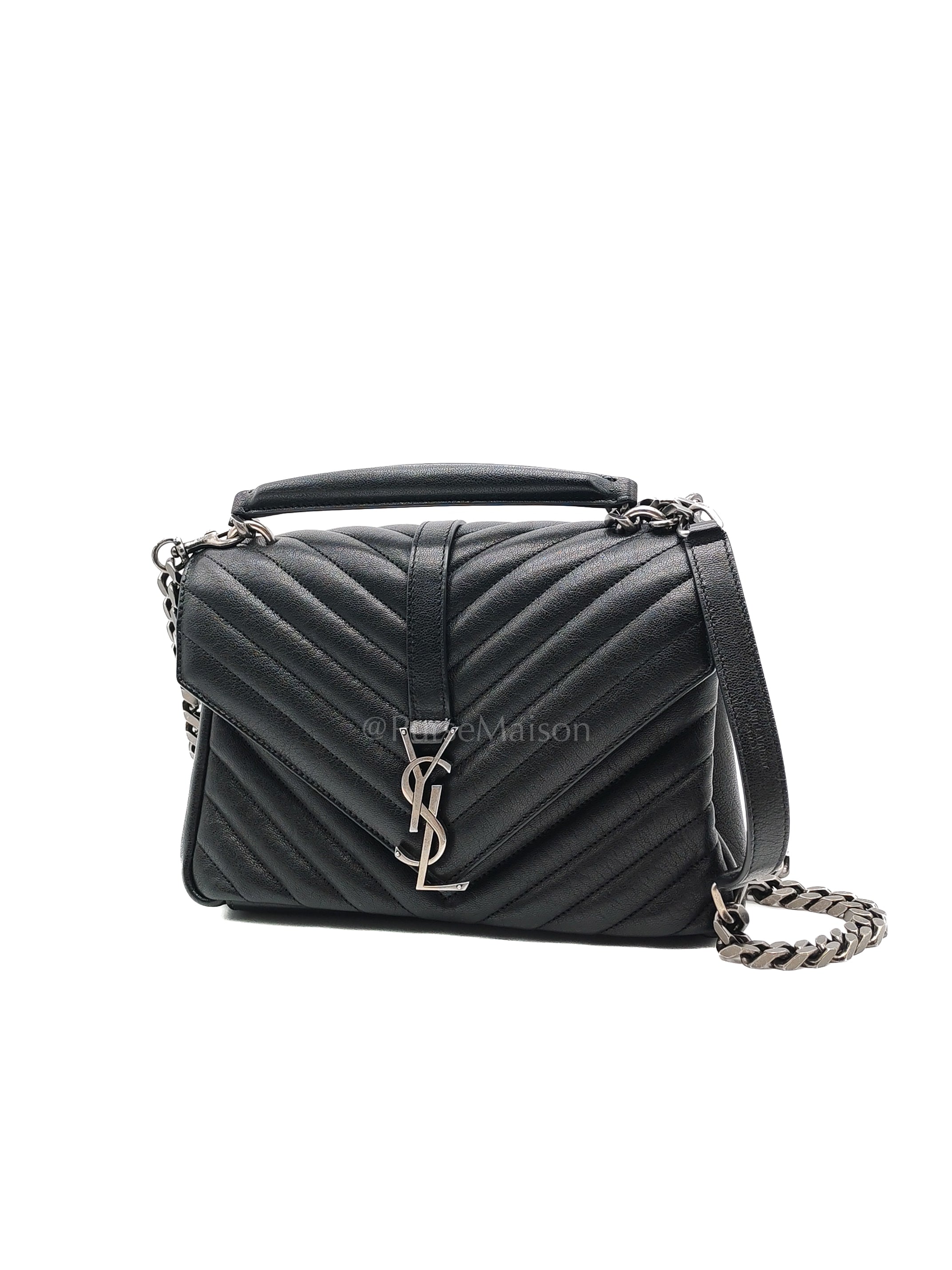 College Bag in Black Quilted Chevron Calfskin Leather & Silver/Ruthenium Hardware | Purse Maison Luxury Bags Shop