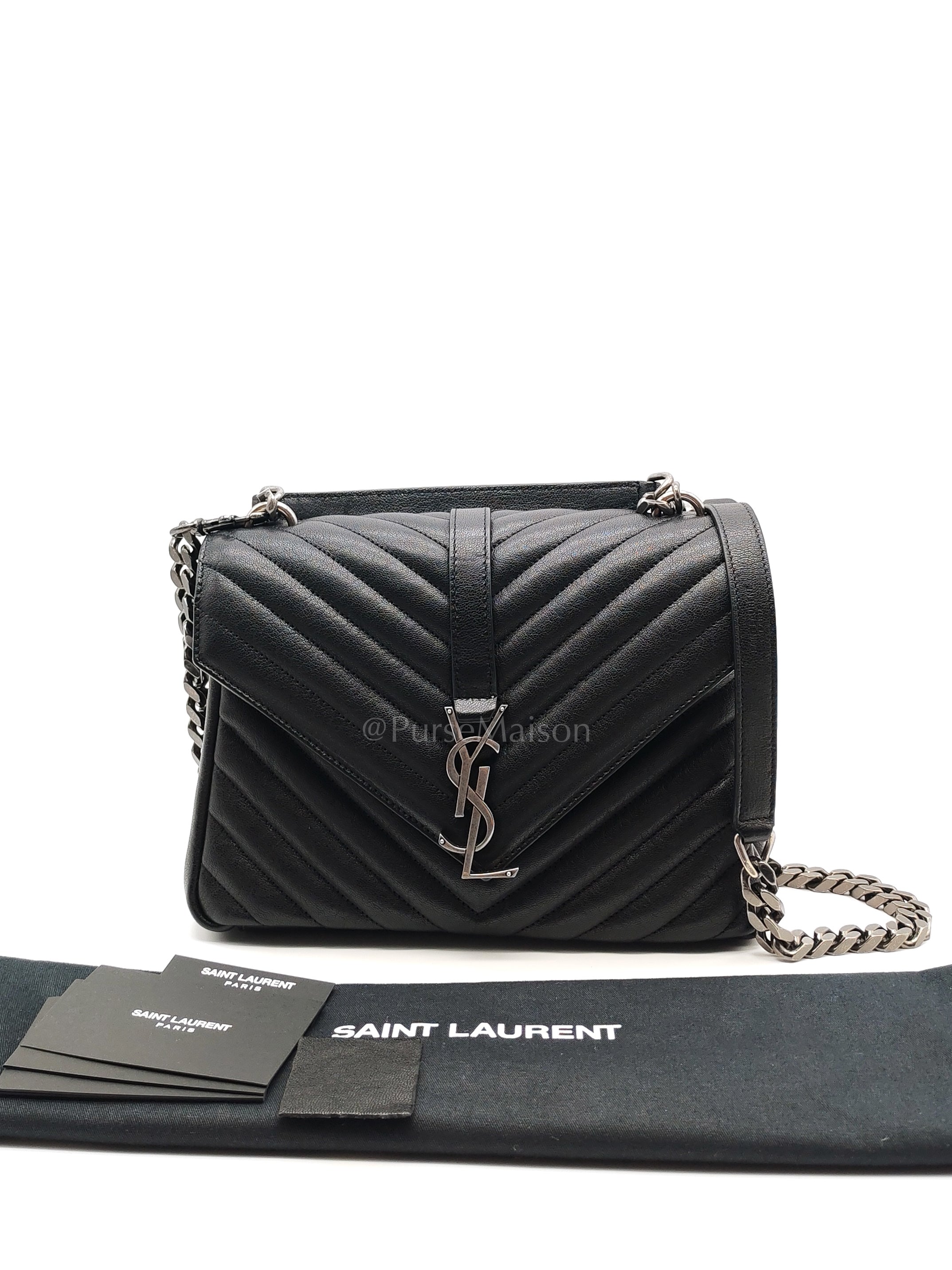 College Bag in Black Quilted Chevron Calfskin Leather & Silver/Ruthenium Hardware | Purse Maison Luxury Bags Shop