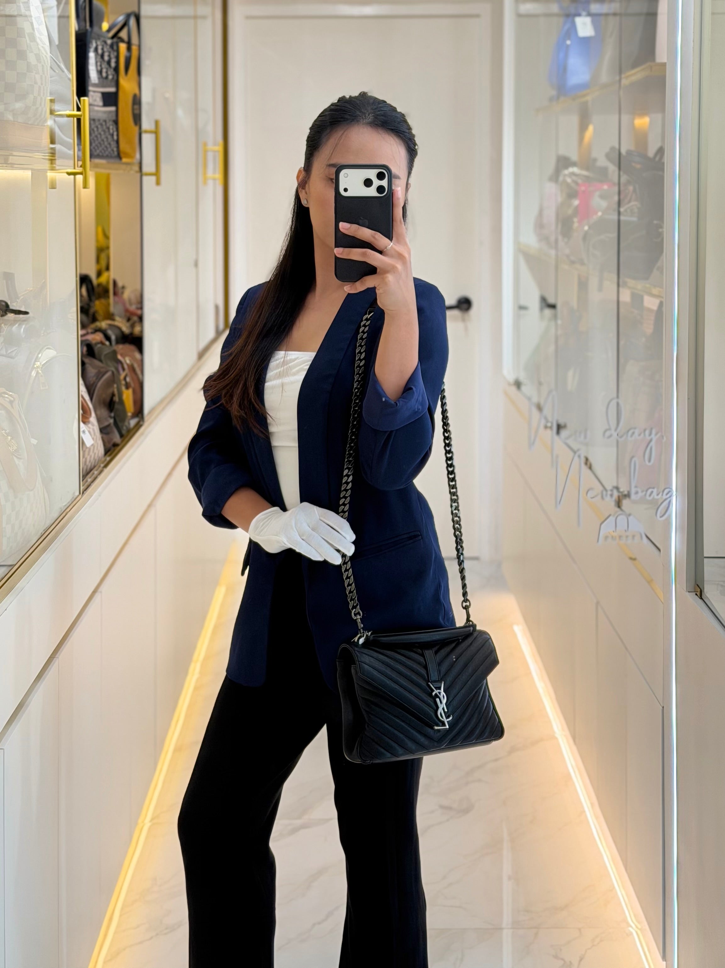 College Bag in Black Quilted Chevron Calfskin Leather & Silver/Ruthenium Hardware | Purse Maison Luxury Bags Shop