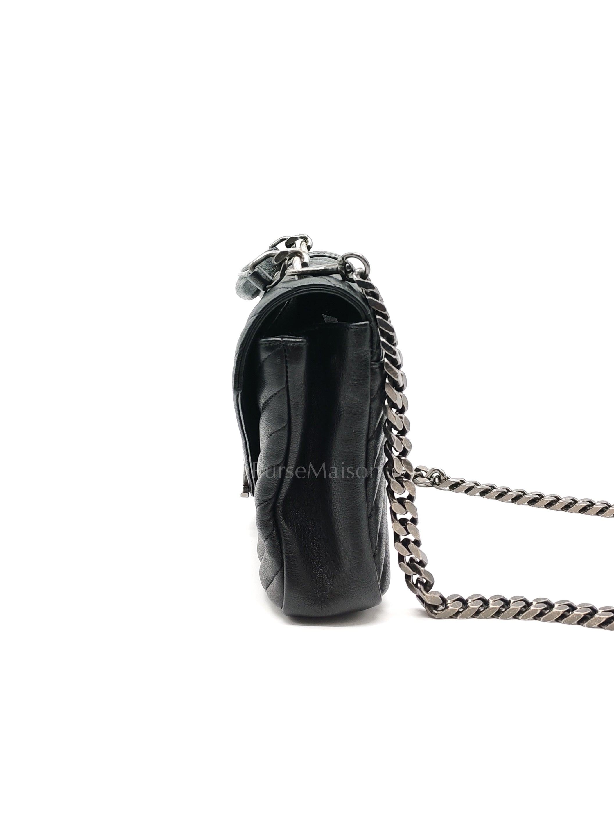 College Bag in Black Quilted Chevron Calfskin Leather & Silver/Ruthenium Hardware | Purse Maison Luxury Bags Shop