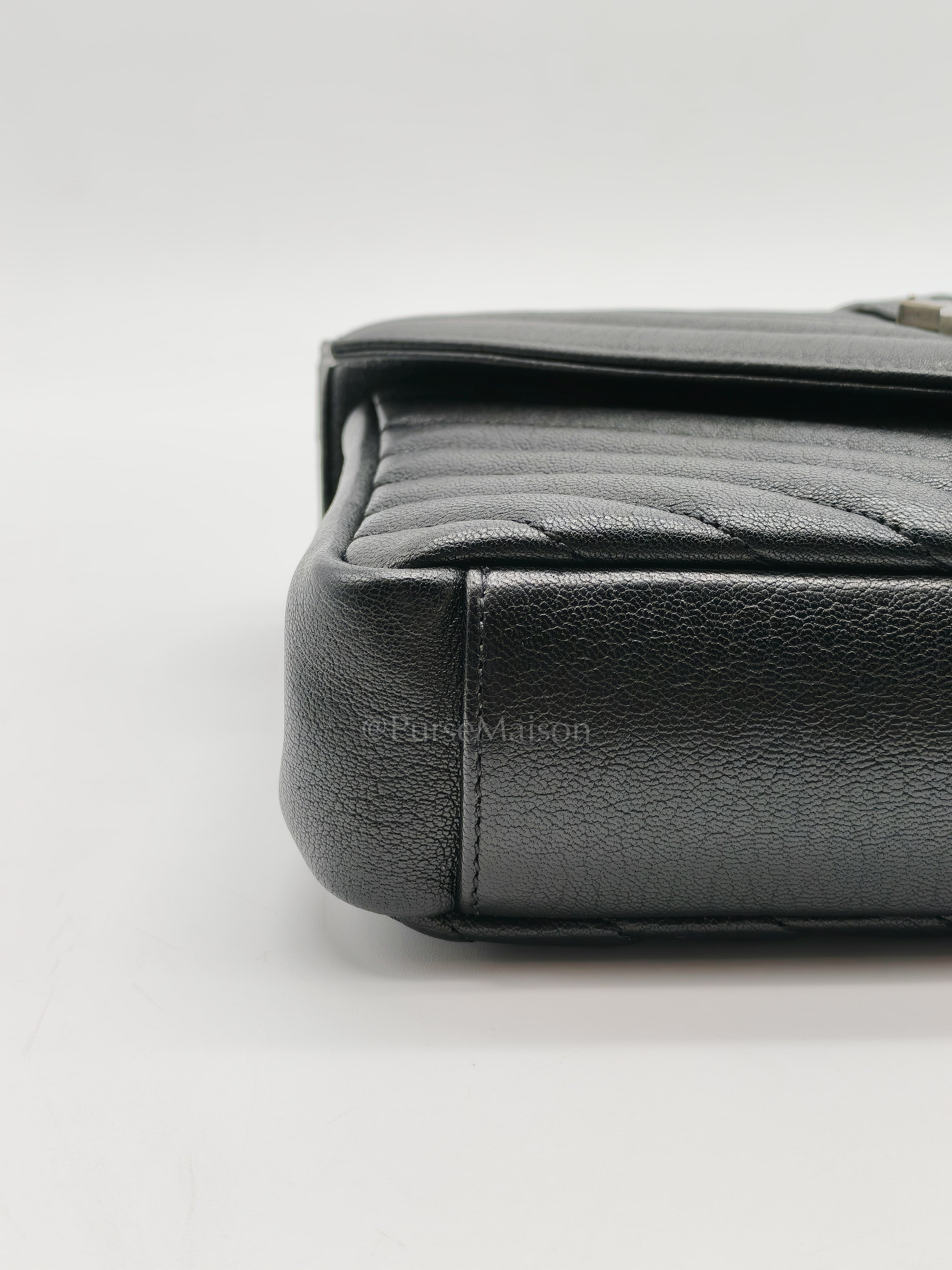 College Bag in Black Quilted Chevron Calfskin Leather & Silver/Ruthenium Hardware | Purse Maison Luxury Bags Shop