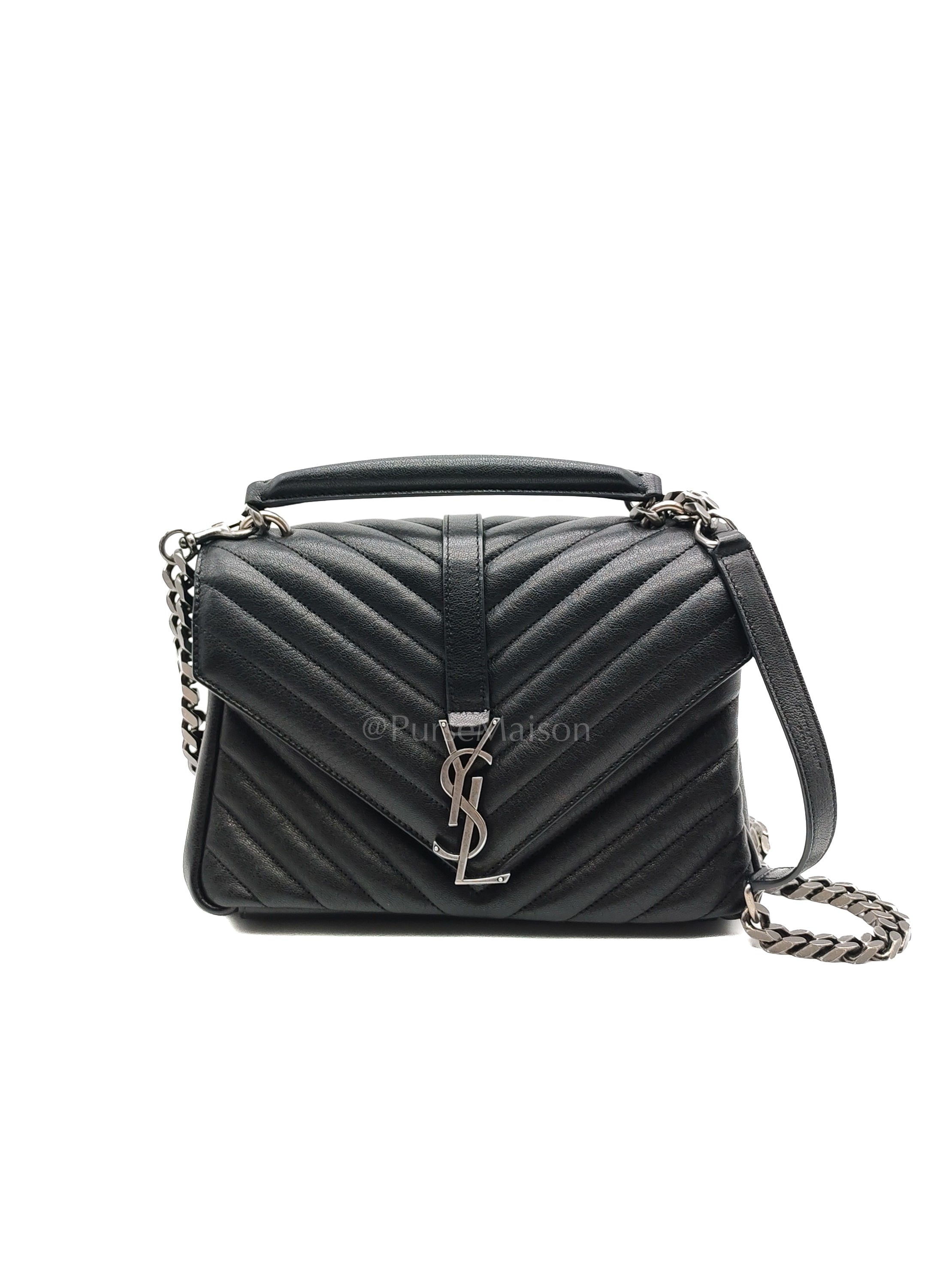 College Bag in Black Quilted Chevron Calfskin Leather & Silver/Ruthenium Hardware | Purse Maison Luxury Bags Shop