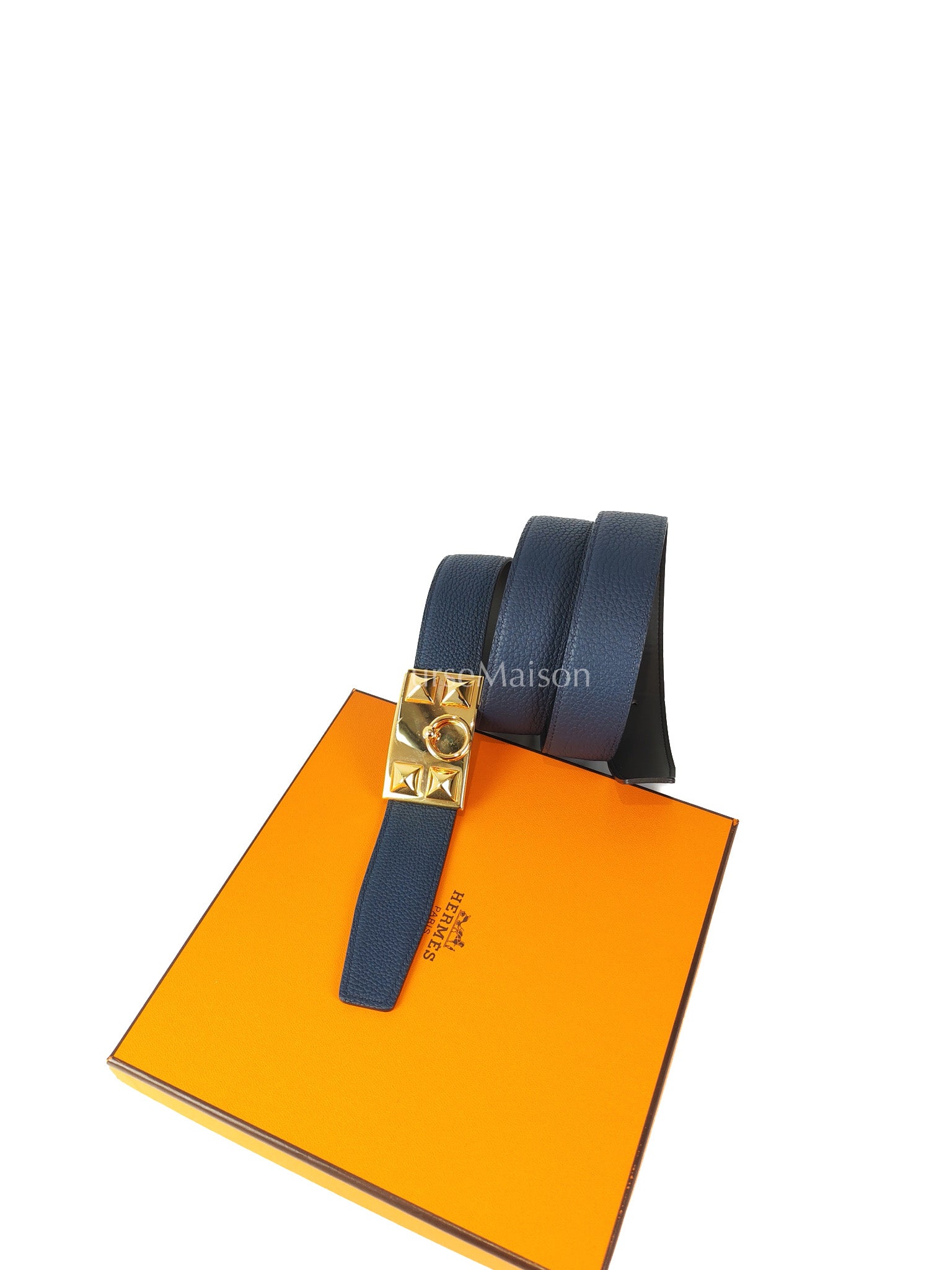 Collier de Chien (CDG) Belt In Bleu Saphir/ Dark Brown and Gold Hardware Reversible Belt Size 90 Stamp T (2015) | Purse Maison Luxury Bags Shop