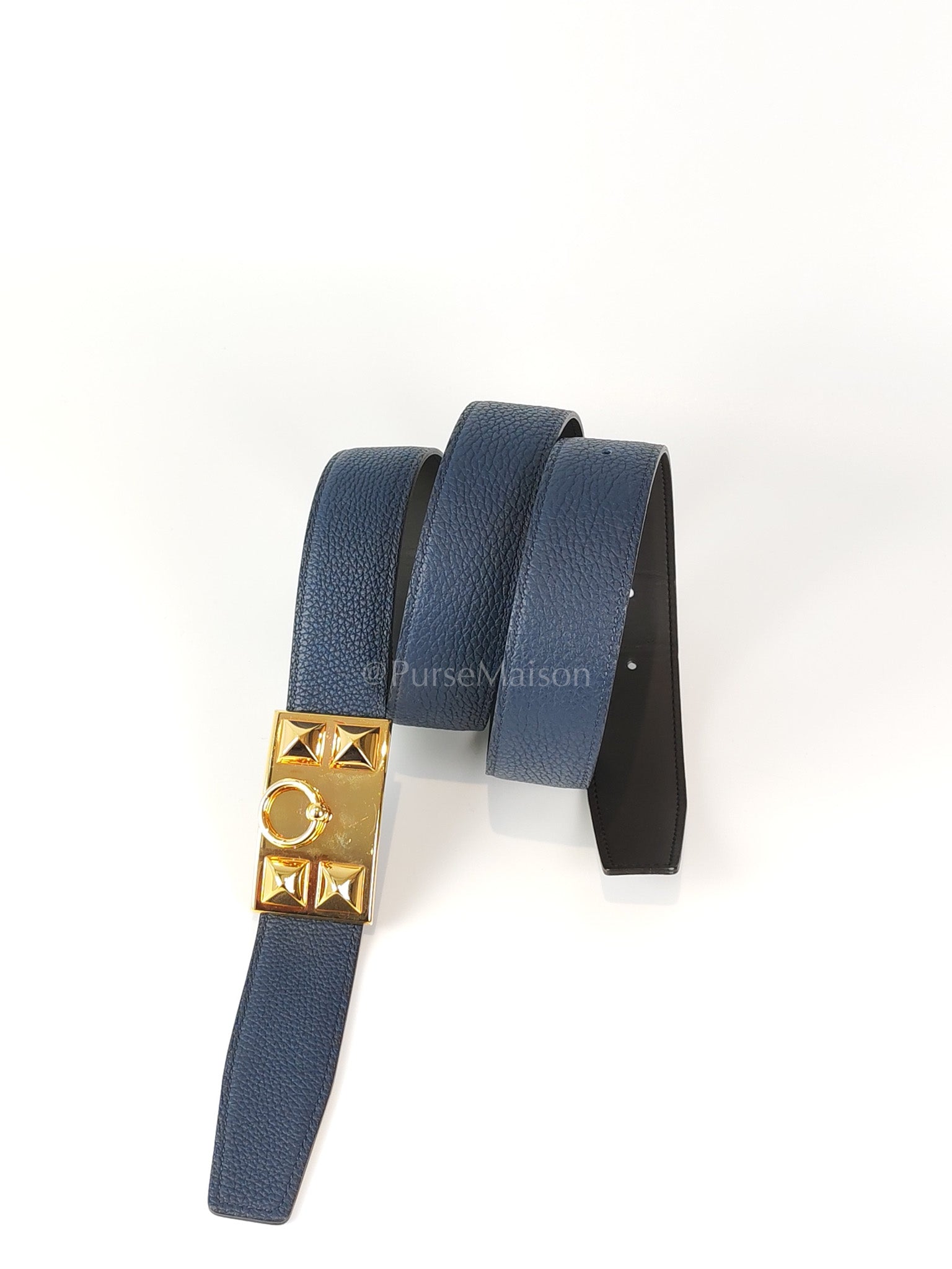Collier de Chien (CDG) Belt In Bleu Saphir/ Dark Brown and Gold Hardware Reversible Belt Size 90 Stamp T (2015) | Purse Maison Luxury Bags Shop