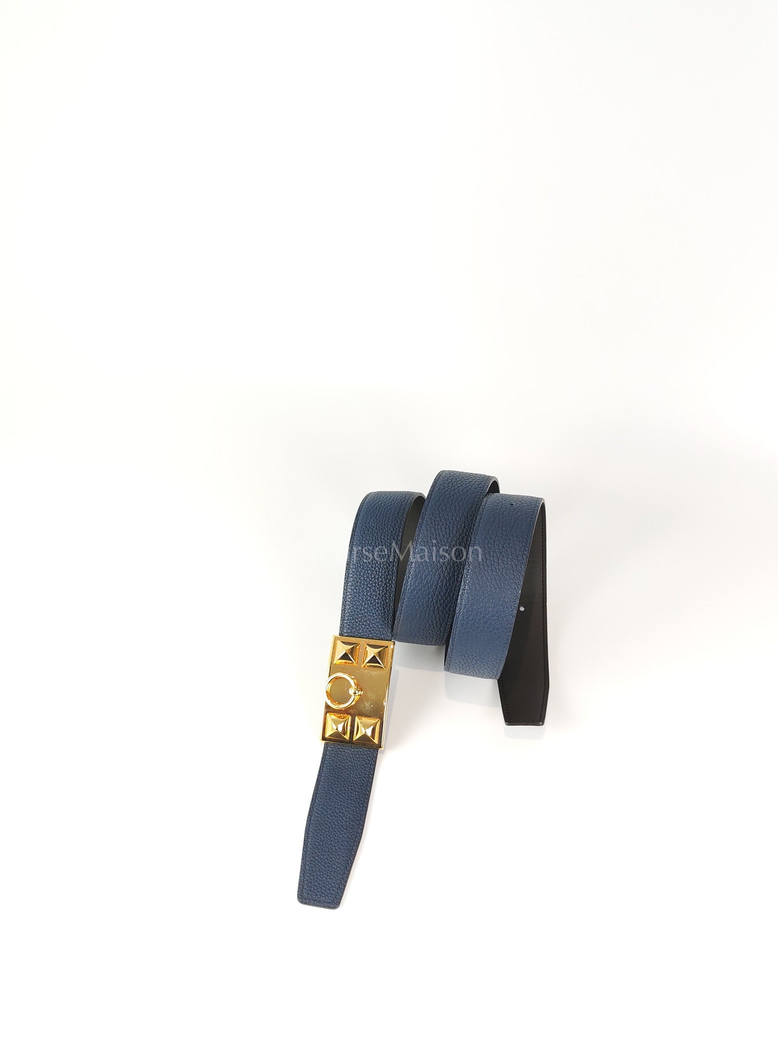 Collier de Chien (CDG) Belt In Bleu Saphir/ Dark Brown and Gold Hardware Reversible Belt Size 90 Stamp T (2015) | Purse Maison Luxury Bags Shop