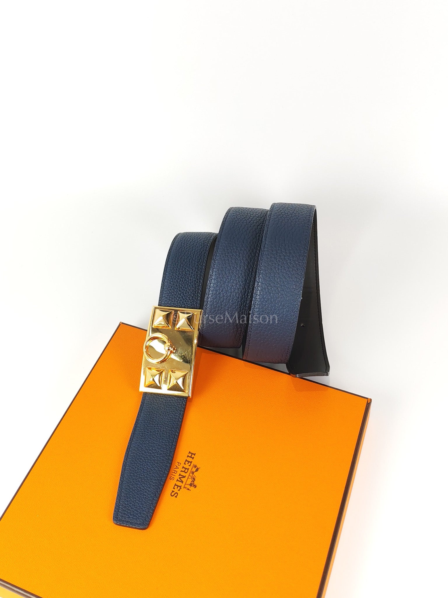 Collier de Chien (CDG) Belt In Bleu Saphir/ Dark Brown and Gold Hardware Reversible Belt Size 90 Stamp T (2015) | Purse Maison Luxury Bags Shop